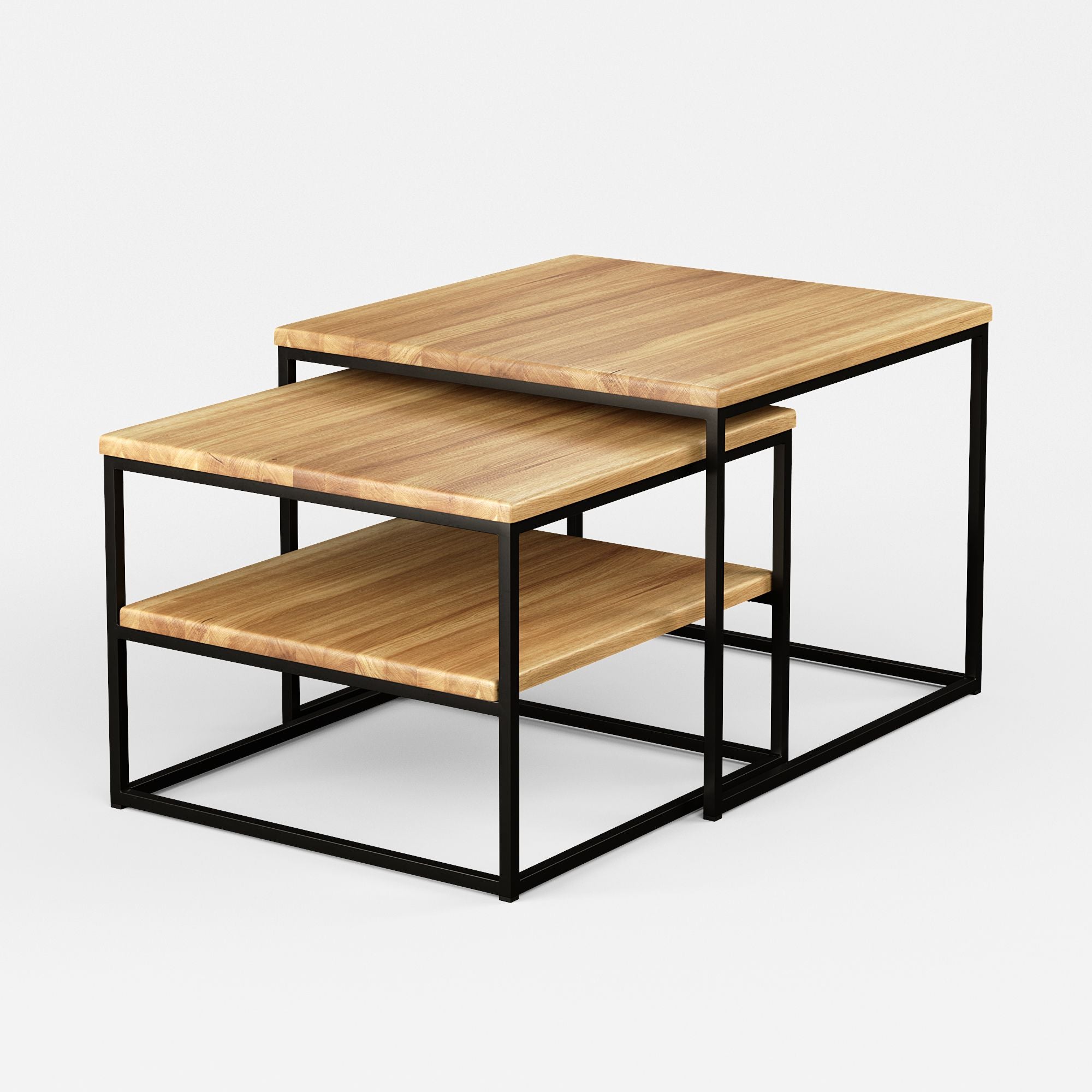 Moderner Couchtisch im Industrial Design aus massiver Eiche mit schwarzem Metallgestell, praktisches 3er-Set stapelbar