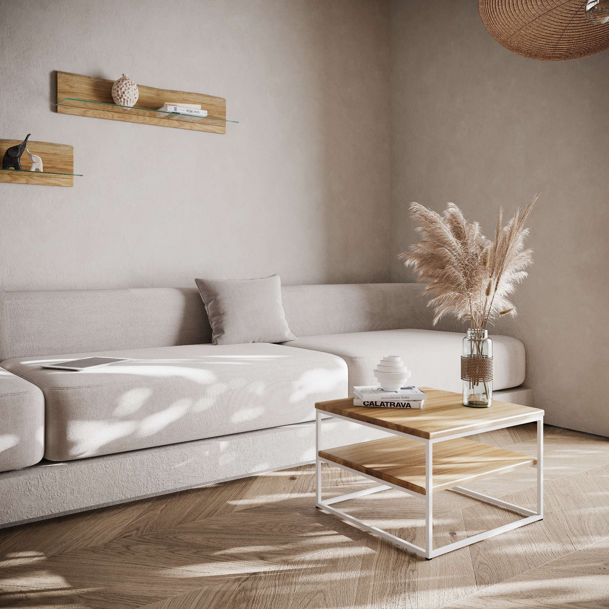 Stilvoller Wohnzimmer Tisch aus heller Eiche mit weißem Metallgestell im minimalistischen Loft Style