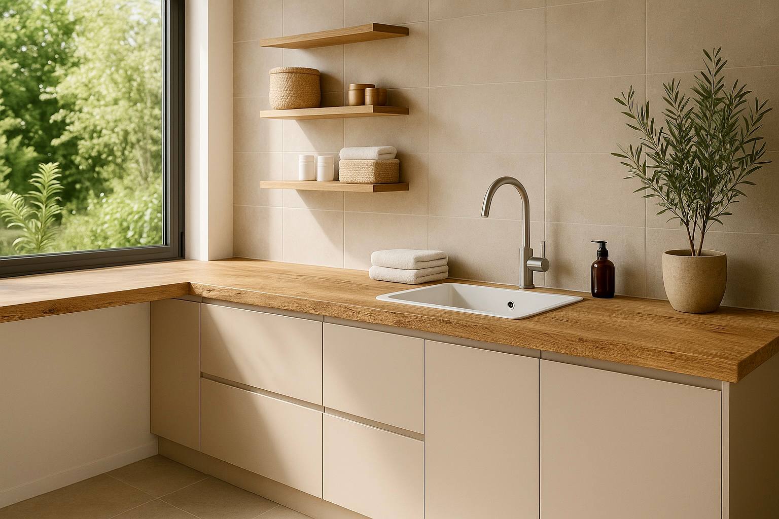 Moderne Eckküche mit geölter Massivholz-Arbeitsplatte und offenen Regalen