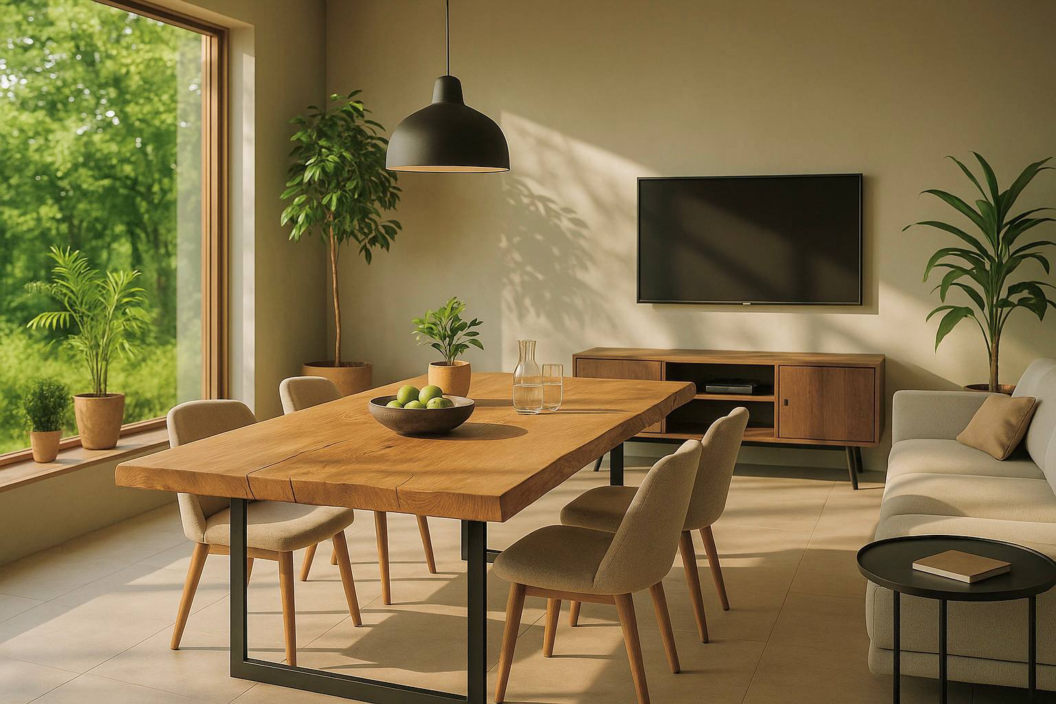 Großer Esstisch aus massiver Eiche mit stabilem schwarzem Metallgestell für modernes Esszimmerambiente