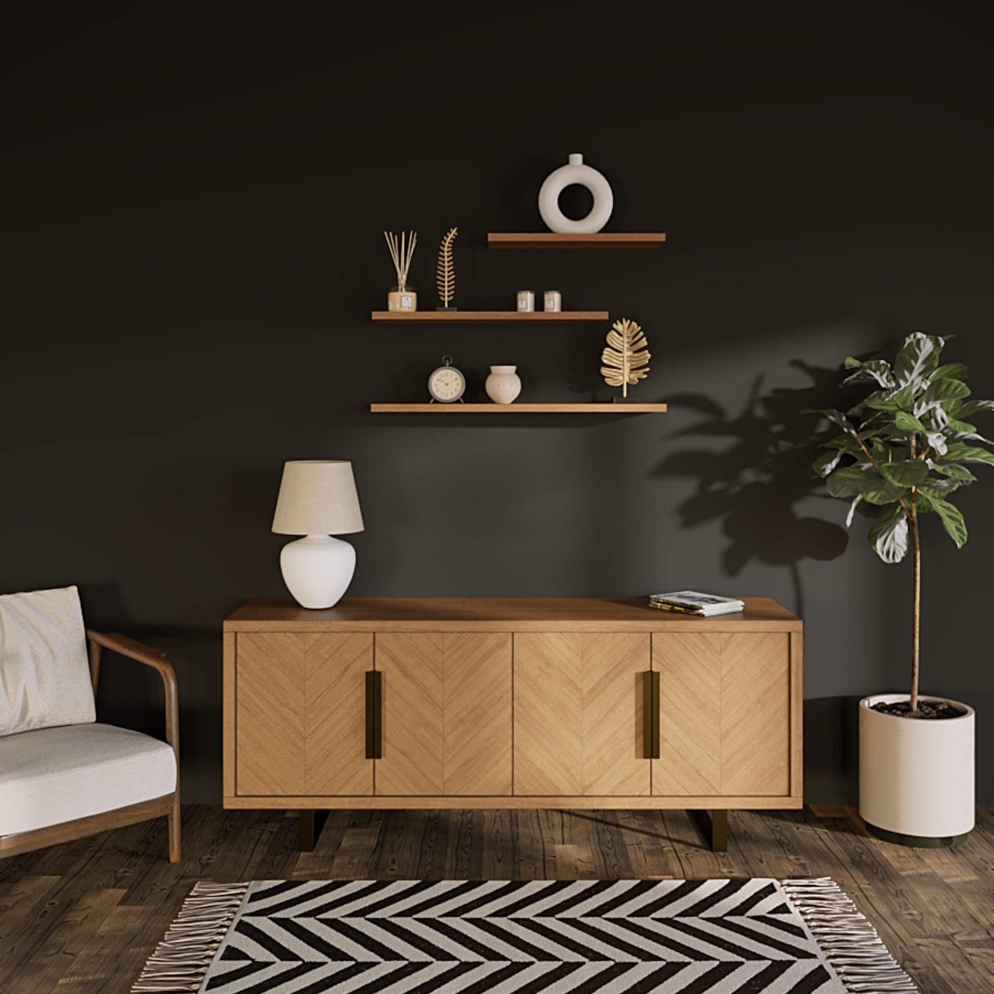 Schwebendes Wandregal aus Eiche in modernem Wohnzimmer – elegantes Regalbrett als dekoratives Design-Element.