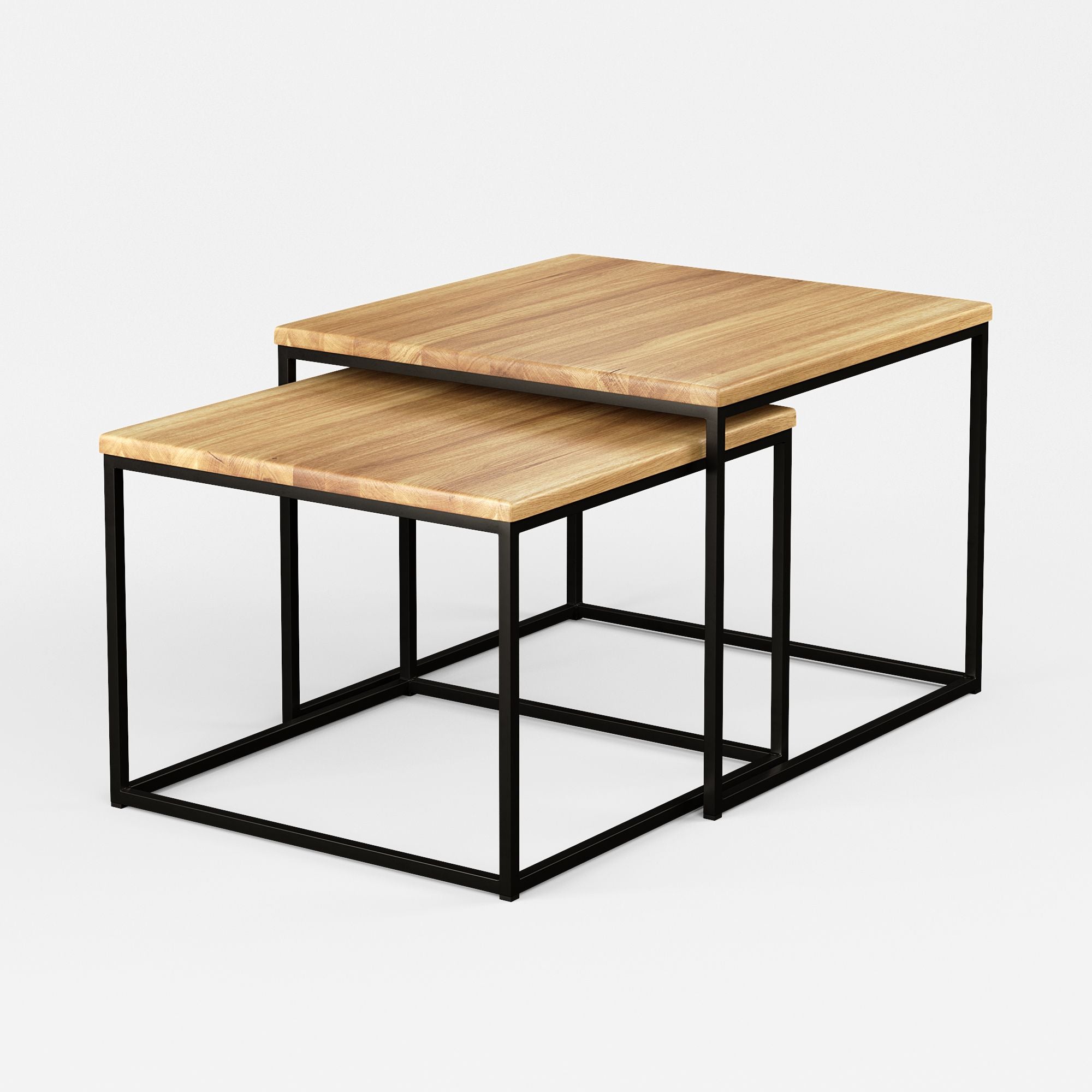Moderner Beistelltisch im 2er-Set mit massiver Eiche und schwarzem Metallgestell für Wohnzimmer und Loft-Einrichtung.