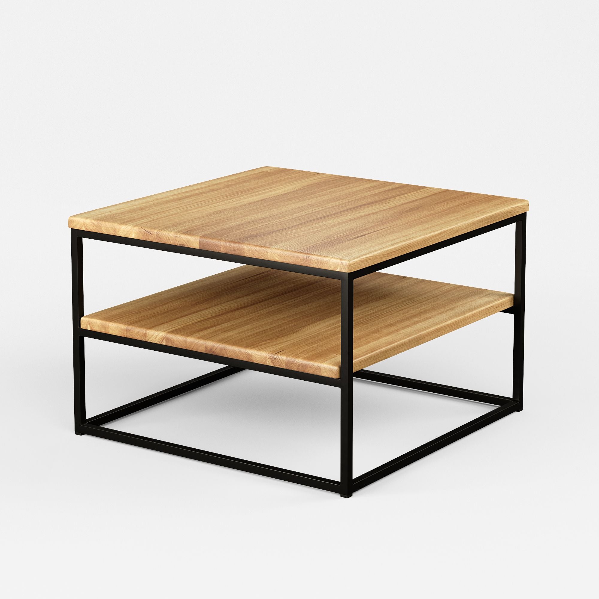 Moderner Couchtisch aus Eiche Hell mit schwarzem Metallgestell und praktischer Ablagefläche im Industrial Design