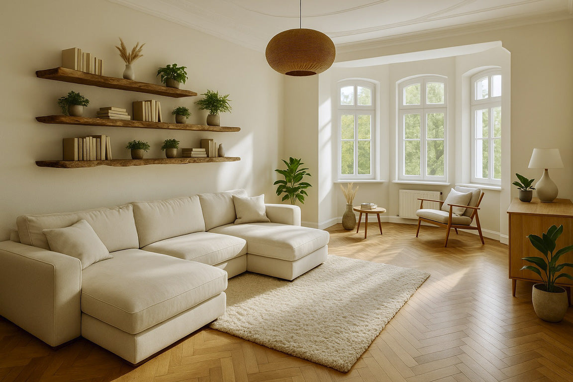 Helles Wohnzimmer mit Massivholz Wandregal mit Baumkante – natürliches Regalbrett Baumkante als stilvolles Schweberegal Baumkante