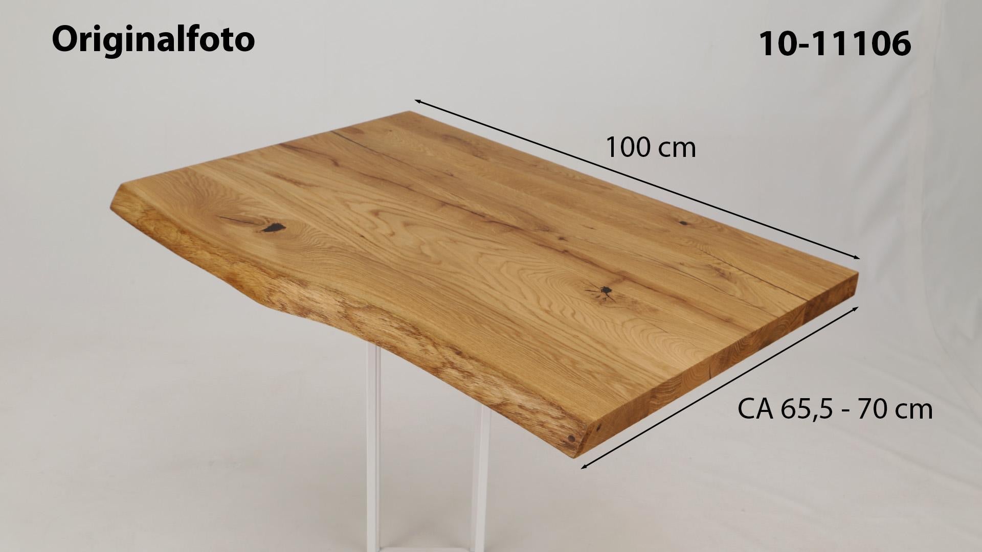 Eichenholz-Tischplatte Nummer 10-11106, Länge 100 cm cm, Breite ca. 65.5 cm–70 cm, mit gebürsteter Baumkante, geschliffen, 2 Schichten italienisches Öl, Äste und Risse mit Epoxidharz