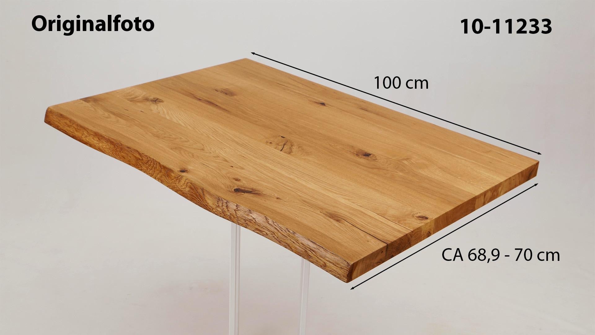 Eichenholz-Tischplatte Nummer 10-11233, Länge 100 cm cm, Breite ca. 68.9 cm–70 cm, mit gebürsteter Baumkante, geschliffen, 2 Schichten italienisches Öl, Äste und Risse mit Epoxidharz