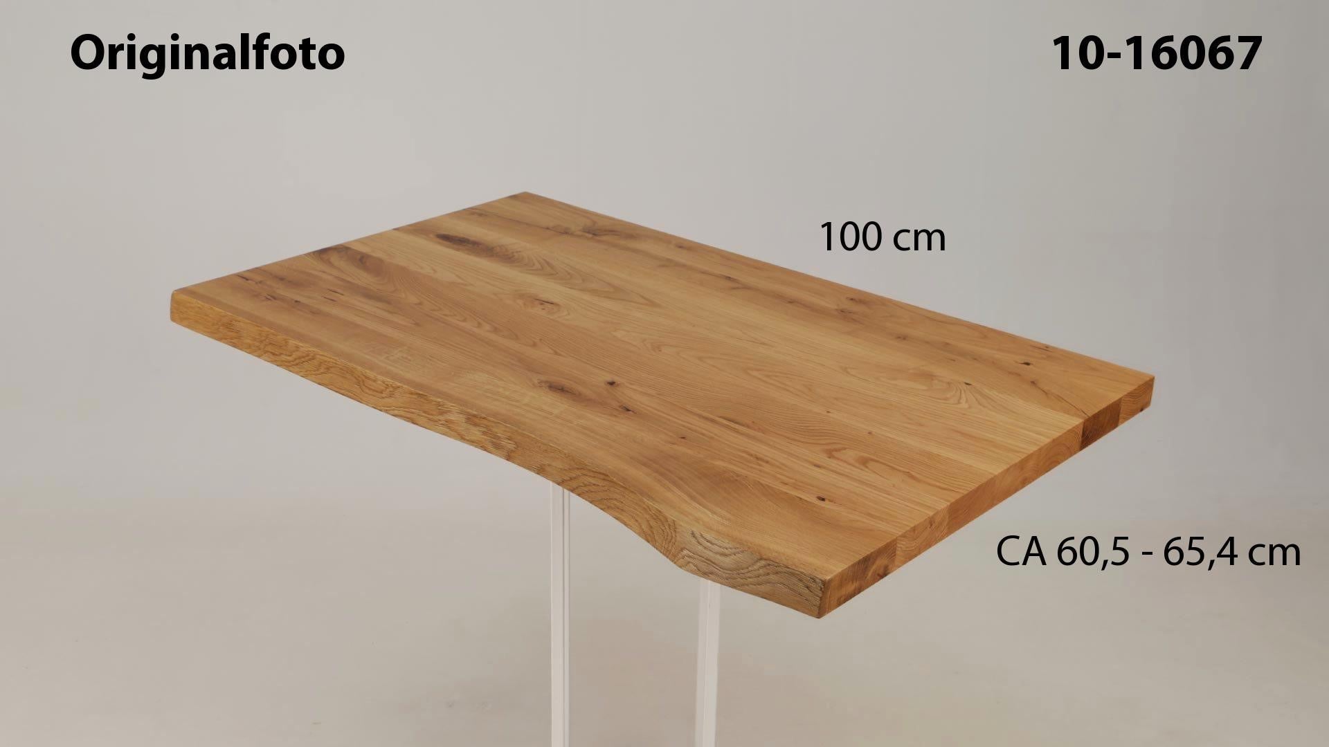 Eichenholz-Tischplatte Nummer 10-16067, Länge 100 cm cm, Breite ca. 60.5 cm–65.4 cm, mit gebürsteter Baumkante, geschliffen, 2 Schichten italienisches Öl, Äste und Risse mit Epoxidharz