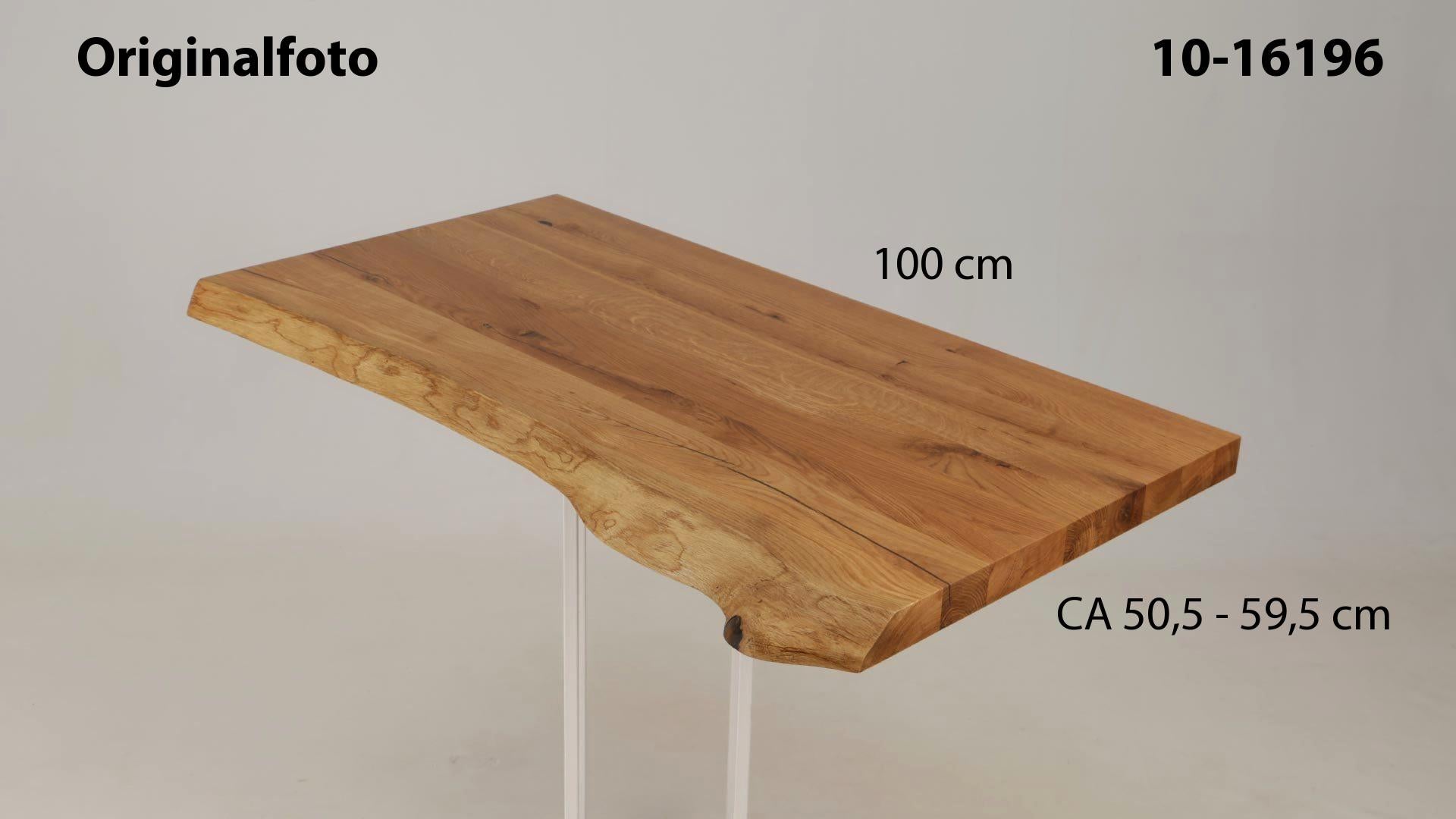 Eichenholz-Tischplatte Nummer 10-16196, Länge 100 cm cm, Breite ca. 50.5 cm–59.5 cm, mit gebürsteter Baumkante, geschliffen, 2 Schichten italienisches Öl, Äste und Risse mit Epoxidharz