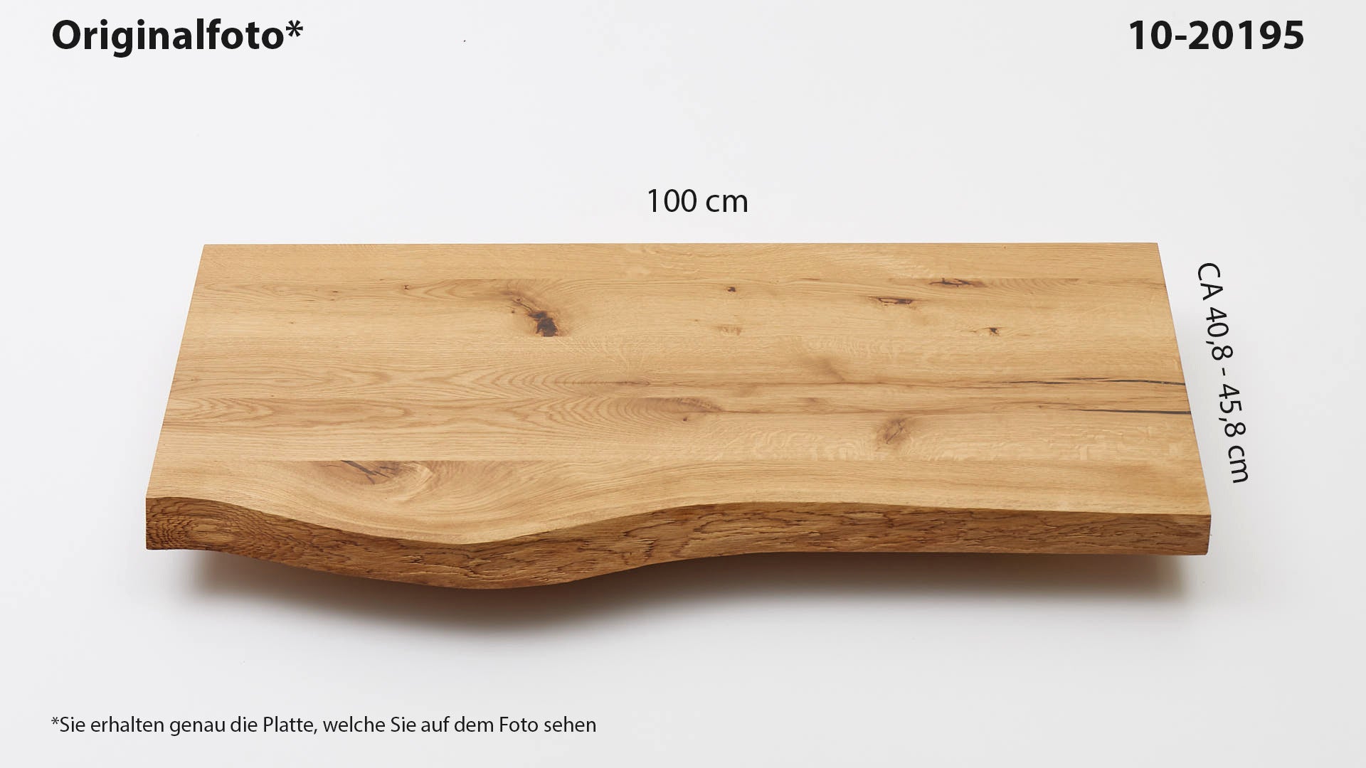 Eichenholz-Tischplatte Nummer 10-20195, Länge 100 cm cm, Breite ca. 40.8 cm–45.8 cm, mit gebürsteter Baumkante, geschliffen, 2 Schichten italienisches Öl, Äste und Risse mit Epoxidharz