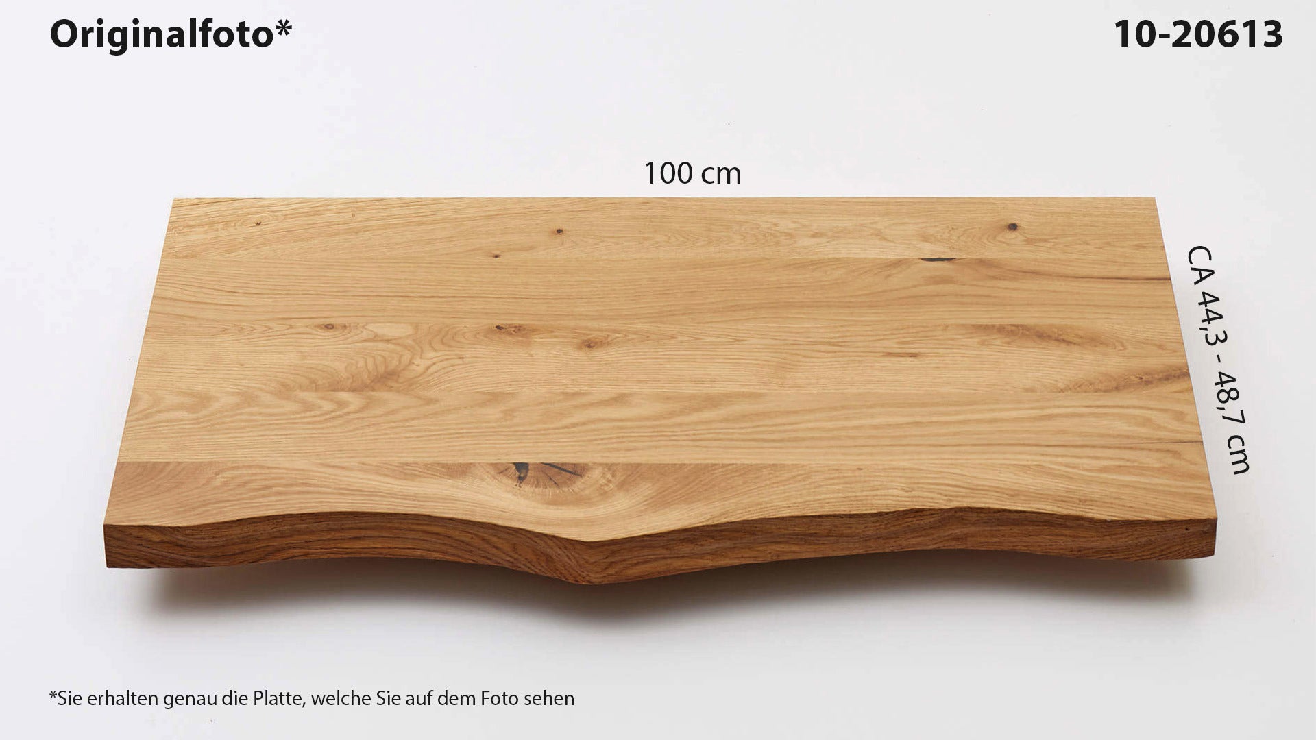 Eichenholz-Tischplatte Nummer 10-20613, Länge 100 cm cm, Breite ca. 44.3 cm–48.7 cm, mit gebürsteter Baumkante, geschliffen, 2 Schichten italienisches Öl, Äste und Risse mit Epoxidharz
