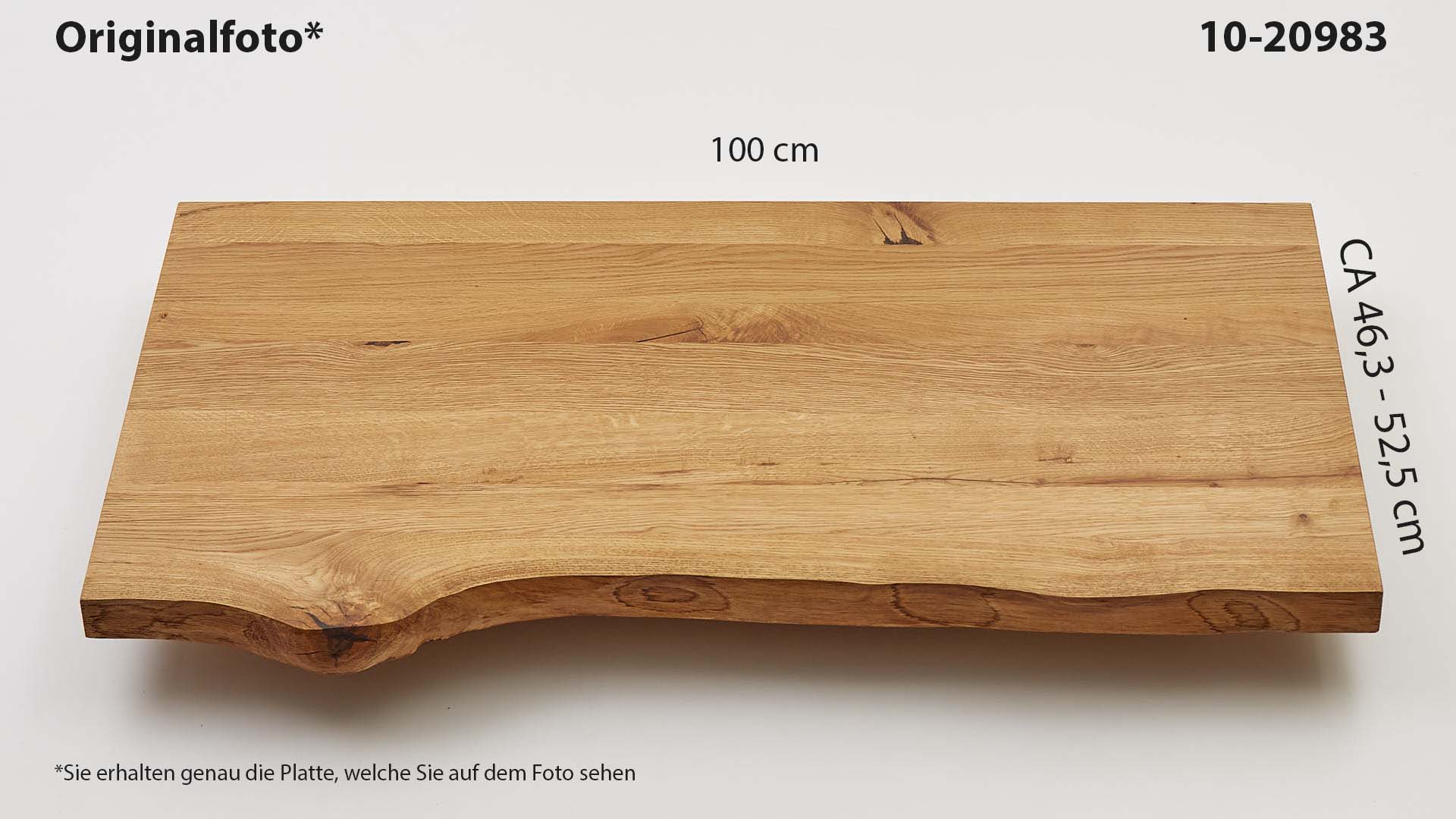 Eichenholz-Tischplatte Nummer 10-20983, Länge 100 cm cm, Breite ca. 46.3 cm–52.5 cm, mit gebürsteter Baumkante, geschliffen, 2 Schichten italienisches Öl, Äste und Risse mit Epoxidharz