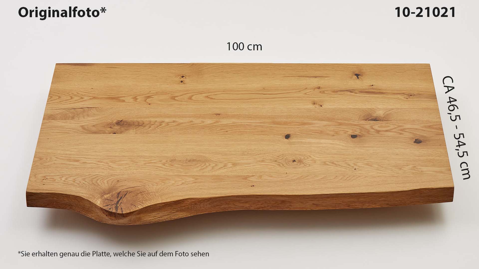 Eichenholz-Tischplatte Nummer 10-21021, Länge 100 cm cm, Breite ca. 46.5 cm–54.5 cm, mit gebürsteter Baumkante, geschliffen, 2 Schichten italienisches Öl, Äste und Risse mit Epoxidharz