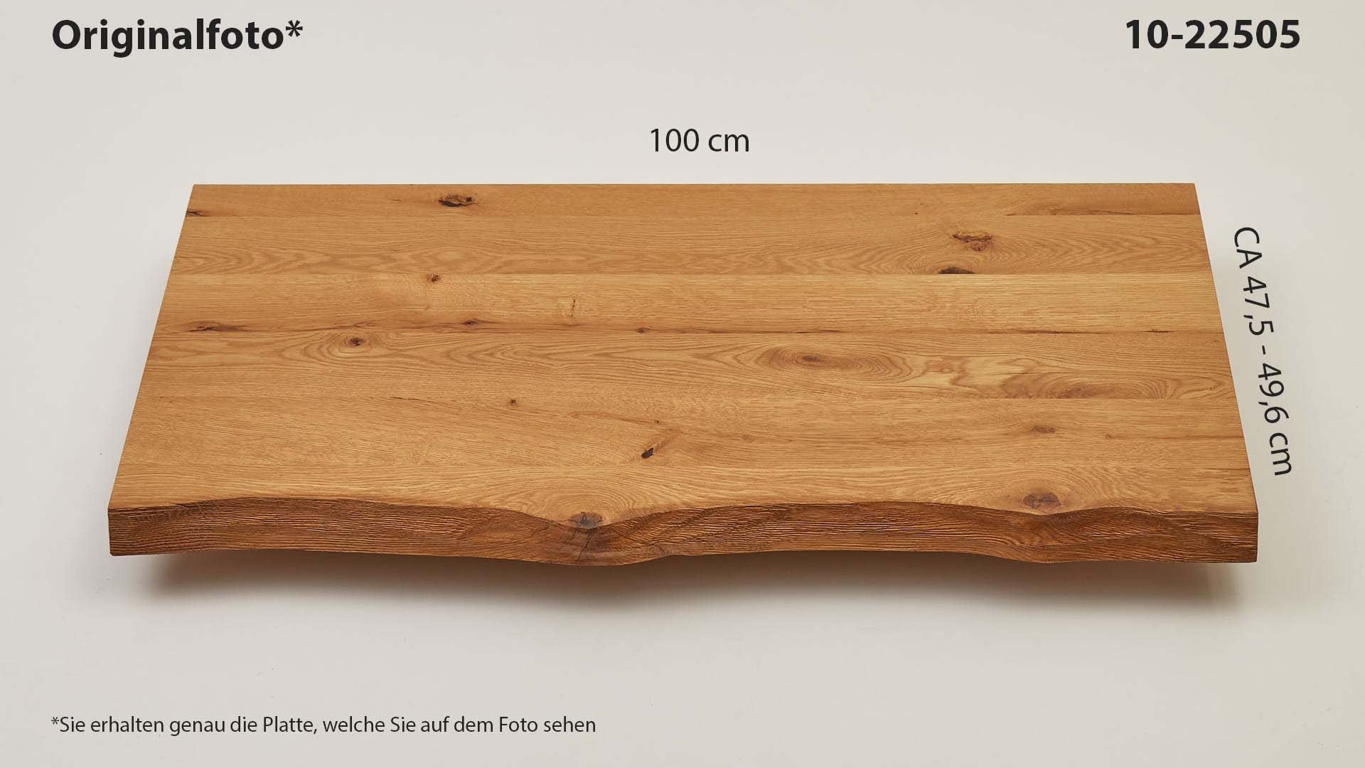 Eichenholz-Tischplatte Nummer 10-22505, Länge 100 cm cm, Breite ca. 47.5 cm–49.6 cm, mit gebürsteter Baumkante, geschliffen, 2 Schichten italienisches Öl, Äste und Risse mit Epoxidharz