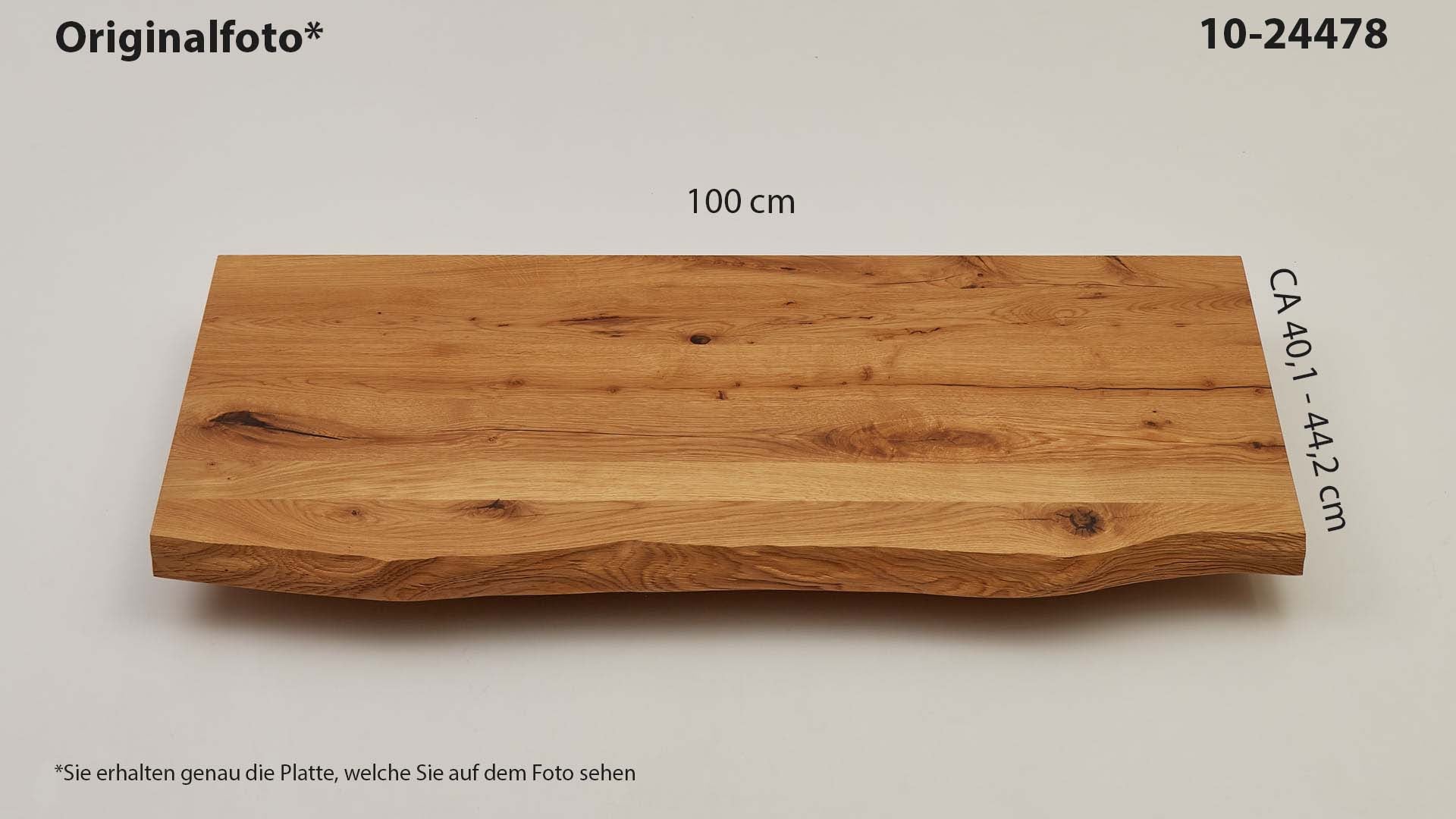 Eichenholz-Tischplatte Nummer 10-24478, Länge 100 cm cm, Breite ca. 40.1 cm–44.2 cm, mit gebürsteter Baumkante, geschliffen, 2 Schichten italienisches Öl, Äste und Risse mit Epoxidharz