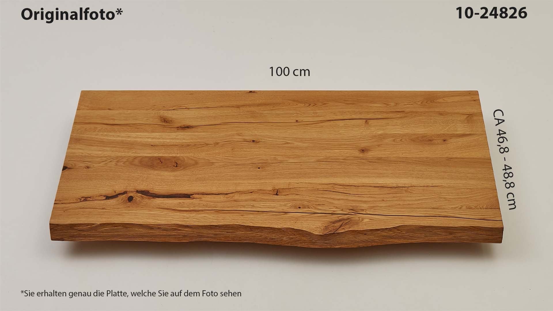 Eichenholz-Tischplatte Nummer 10-24826, Länge 100 cm cm, Breite ca. 46.8 cm–48.8 cm, mit gebürsteter Baumkante, geschliffen, 2 Schichten italienisches Öl, Äste und Risse mit Epoxidharz