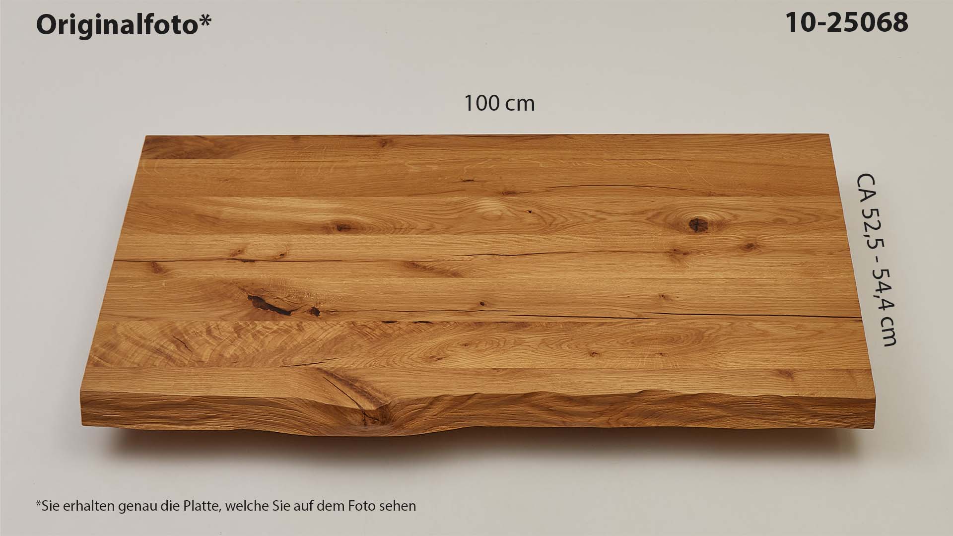 Eichenholz-Tischplatte Nummer 10-25068, Länge 100 cm cm, Breite ca. 52.5 cm–54.4 cm, mit gebürsteter Baumkante, geschliffen, 2 Schichten italienisches Öl, Äste und Risse mit Epoxidharz