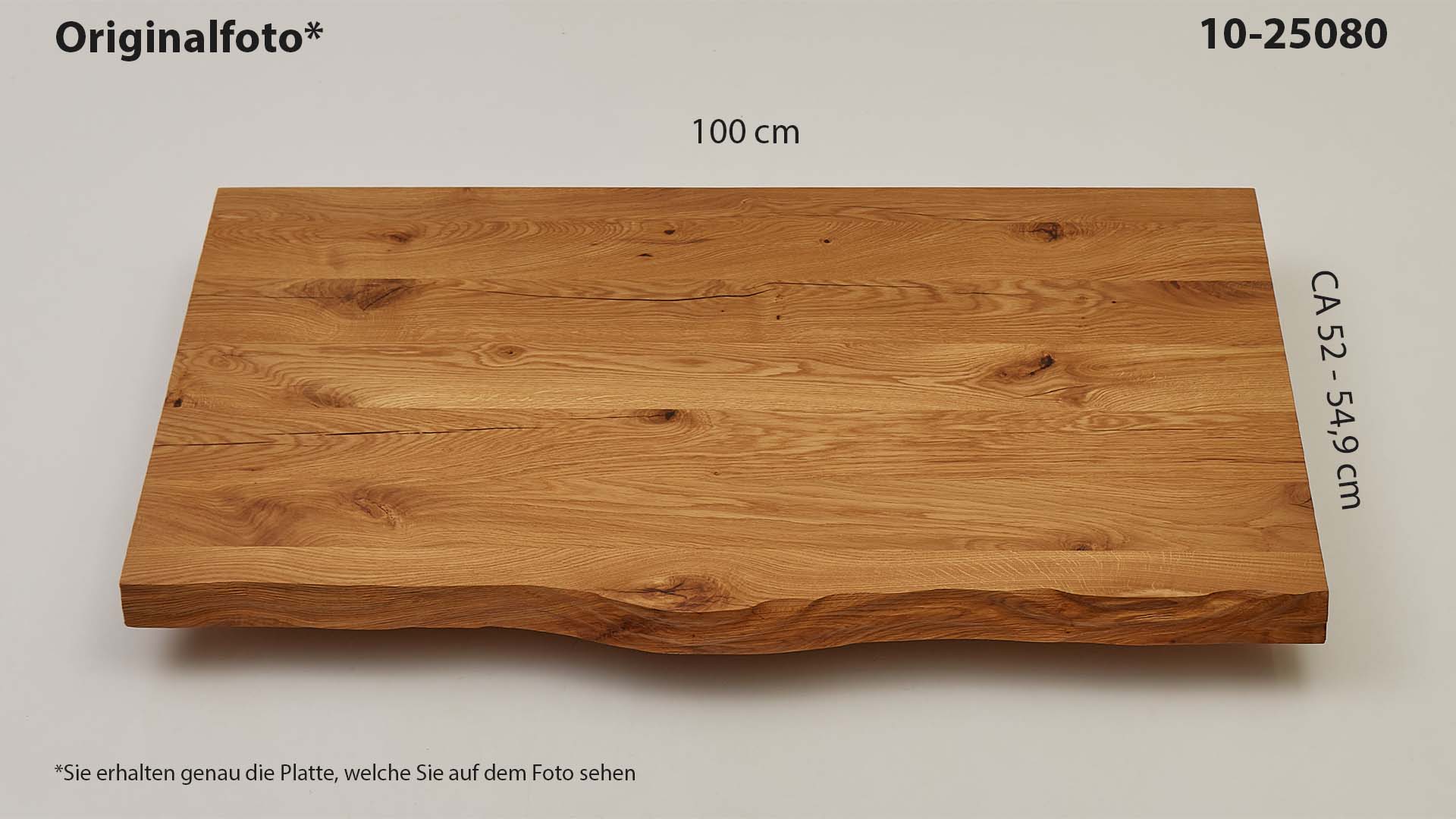 Eichenholz-Tischplatte Nummer 10-25080, Länge 100 cm cm, Breite ca. 52 cm–54.9 cm, mit gebürsteter Baumkante, geschliffen, 2 Schichten italienisches Öl, Äste und Risse mit Epoxidharz