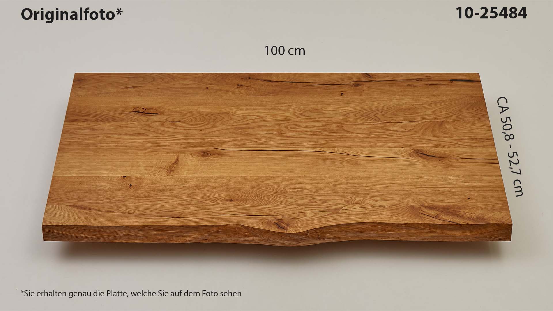 Eichenholz-Tischplatte Nummer 10-25484, Länge 100 cm cm, Breite ca. 50.8 cm–52.7 cm, mit gebürsteter Baumkante, geschliffen, 2 Schichten italienisches Öl, Äste und Risse mit Epoxidharz