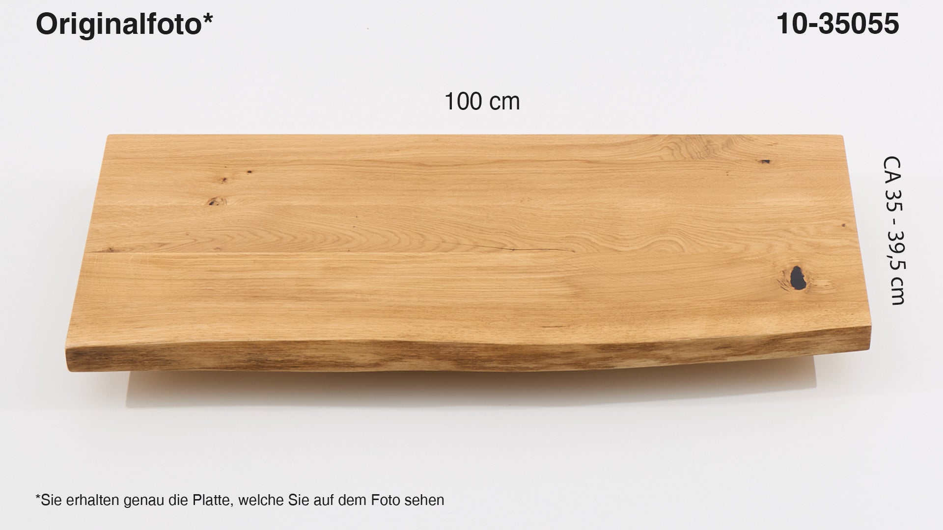 Eichenholz-Tischplatte Nummer 10-35055, Länge 100 cm cm, Breite ca. 35 cm–39.5 cm, mit gebürsteter Baumkante, geschliffen, 2 Schichten italienisches Öl, Äste und Risse mit Epoxidharz