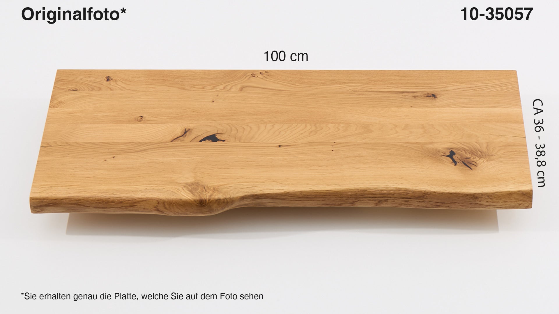Eichenholz-Tischplatte Nummer 10-35057, Länge 100 cm cm, Breite ca. 36 cm–38.8 cm, mit gebürsteter Baumkante, geschliffen, 2 Schichten italienisches Öl, Äste und Risse mit Epoxidharz