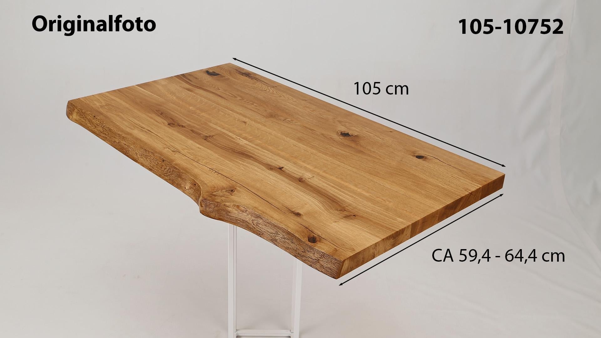 Eichenholz-Tischplatte Nummer 105-10752, Länge 105 cm cm, Breite ca. 59.4 cm–64.4 cm, mit gebürsteter Baumkante, geschliffen, 2 Schichten italienisches Öl, Äste und Risse mit Epoxidharz