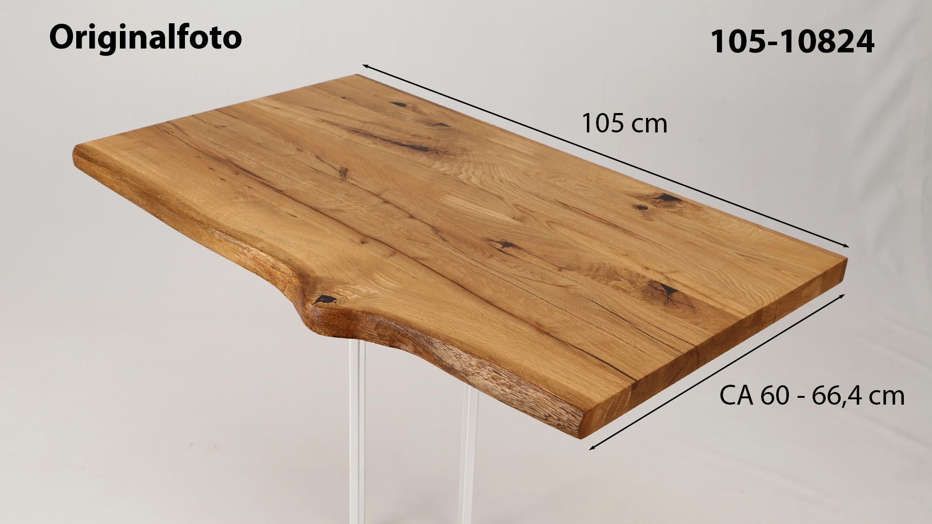 Eichenholz-Tischplatte Nummer 105-10824, Länge 105 cm cm, Breite ca. 60.0 cm–66.4 cm, mit gebürsteter Baumkante, geschliffen, 2 Schichten italienisches Öl, Äste und Risse mit Epoxidharz