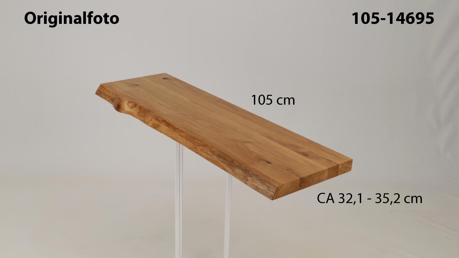 Eichenholz-Tischplatte Nummer 105-14695, Länge 105 cm cm, Breite ca. 32.1 cm–35.2 cm, mit gebürsteter Baumkante, geschliffen, 2 Schichten italienisches Öl, Äste und Risse mit Epoxidharz