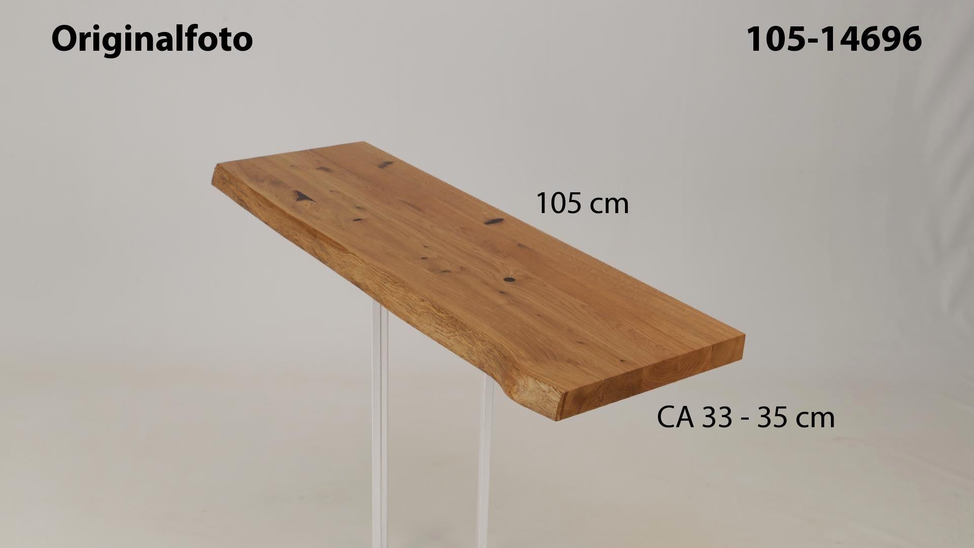 Eichenholz-Tischplatte Nummer 105-14696, Länge 105 cm cm, Breite ca. 33 cm–35 cm, mit gebürsteter Baumkante, geschliffen, 2 Schichten italienisches Öl, Äste und Risse mit Epoxidharz