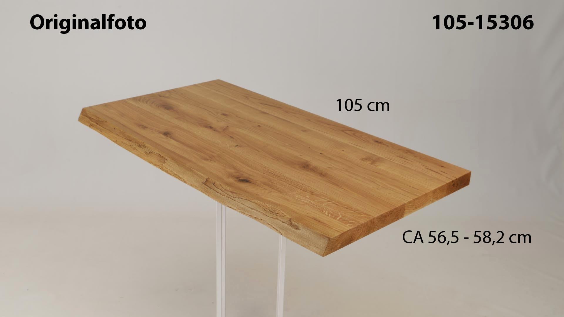 Eichenholz-Tischplatte Nummer 105-15306, Länge 105 cm cm, Breite ca. 56.5 cm–58.2 cm, mit gebürsteter Baumkante, geschliffen, 2 Schichten italienisches Öl, Äste und Risse mit Epoxidharz