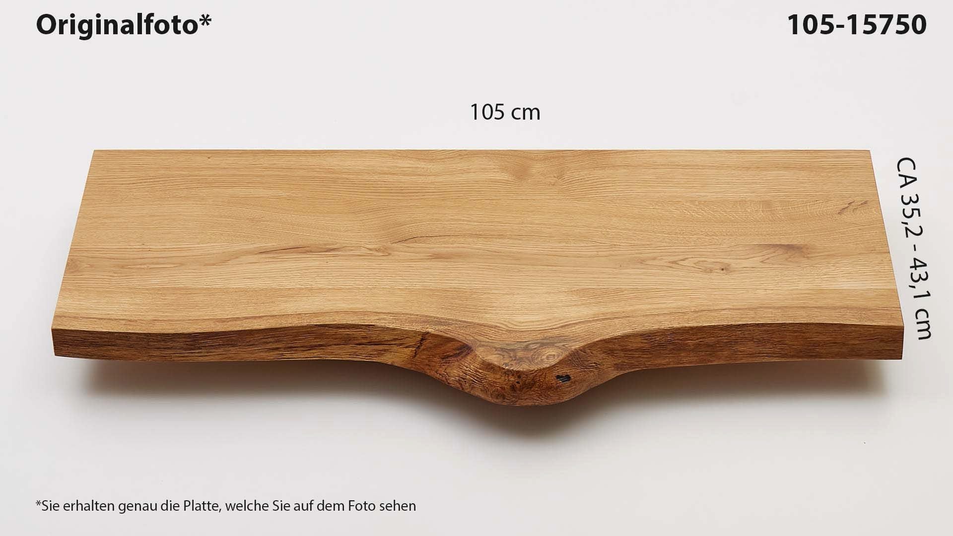 Eichenholz-Tischplatte Nummer 105-15750, Länge 105 cm cm, Breite ca. 35.2 cm–43.1 cm, mit gebürsteter Baumkante, geschliffen, 2 Schichten italienisches Öl, Äste und Risse mit Epoxidharz
