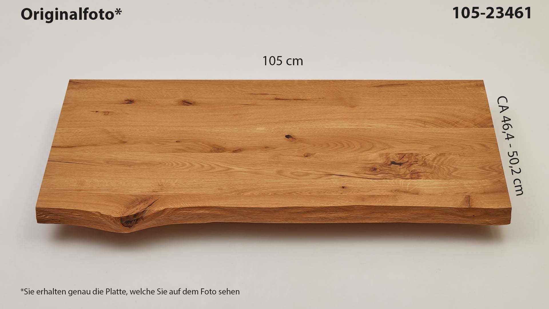 Eichenholz-Tischplatte Nummer 105-23461, Länge 105 cm cm, Breite ca. 46.4 cm–50.2 cm, mit gebürsteter Baumkante, geschliffen, 2 Schichten italienisches Öl, Äste und Risse mit Epoxidharz