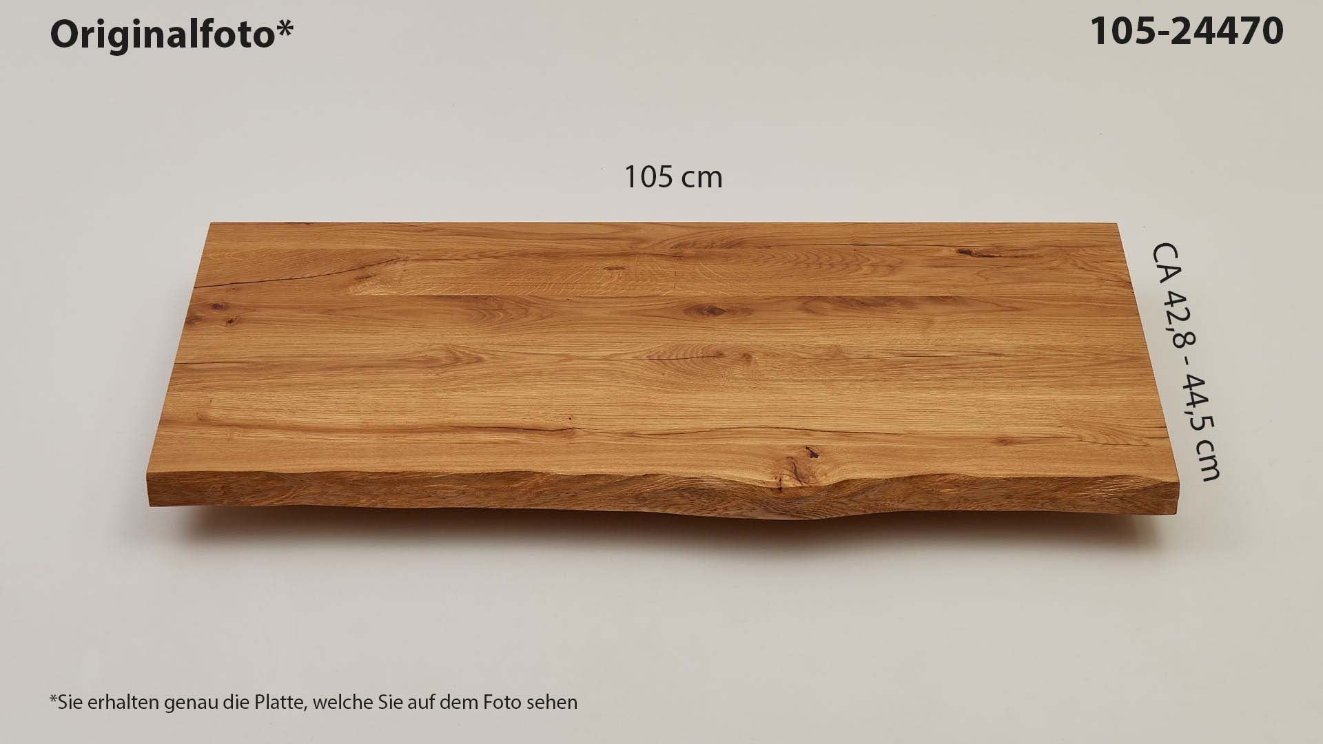 Eichenholz-Tischplatte Nummer 105-24470, Länge 105 cm cm, Breite ca. 42.8 cm–44.5 cm, mit gebürsteter Baumkante, geschliffen, 2 Schichten italienisches Öl, Äste und Risse mit Epoxidharz