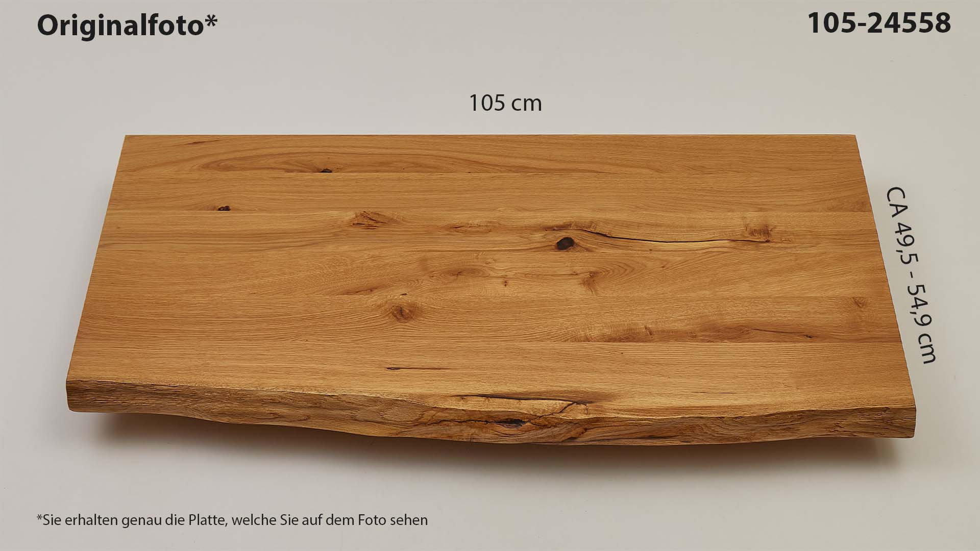 Eichenholz-Tischplatte Nummer 105-24558, Länge 105 cm cm, Breite ca. 49.5 cm–54.9 cm, mit gebürsteter Baumkante, geschliffen, 2 Schichten italienisches Öl, Äste und Risse mit Epoxidharz