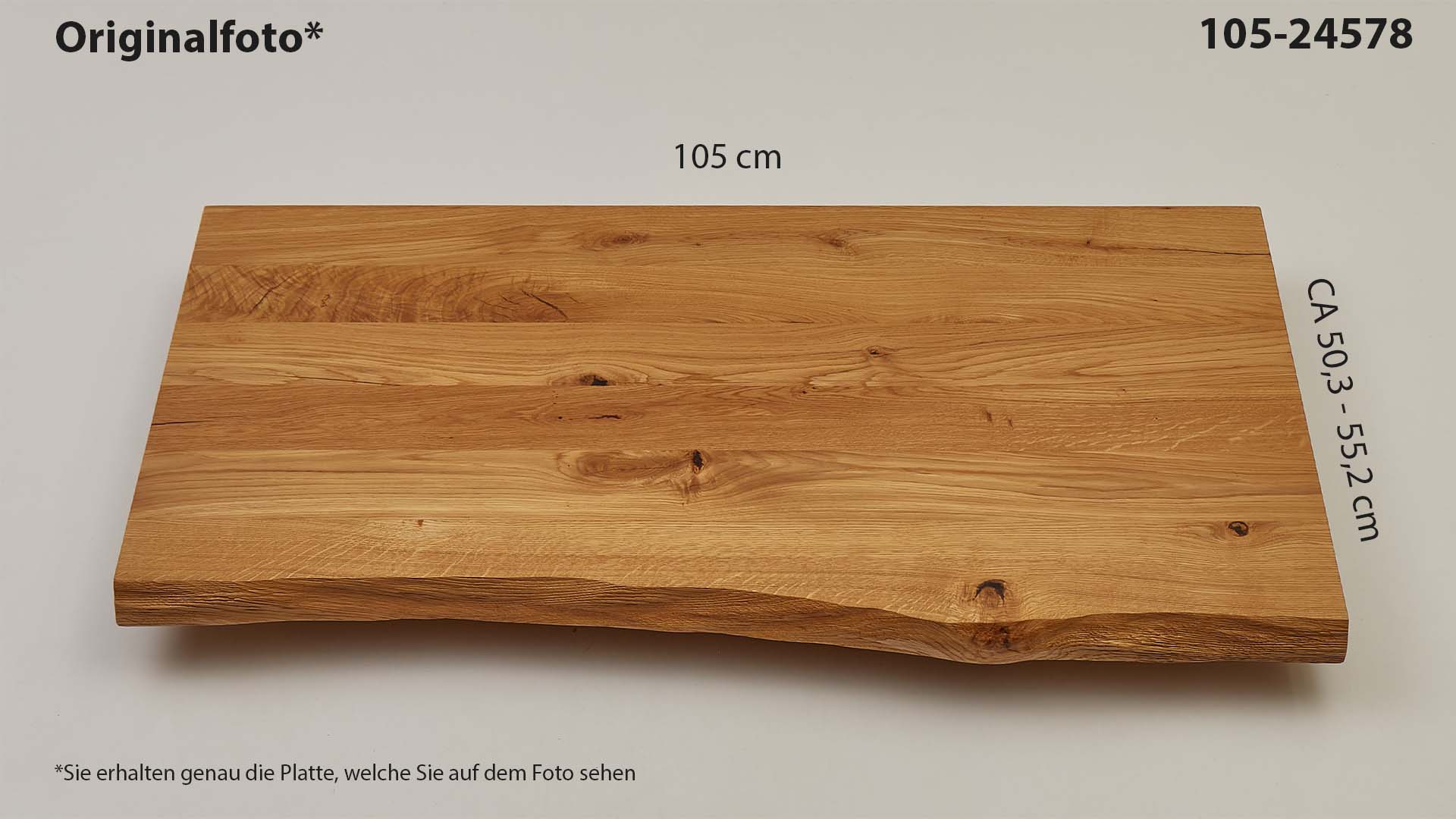 Eichenholz-Tischplatte Nummer 105-24578, Länge 105 cm cm, Breite ca. 50.3 cm–55.2 cm, mit gebürsteter Baumkante, geschliffen, 2 Schichten italienisches Öl, Äste und Risse mit Epoxidharz