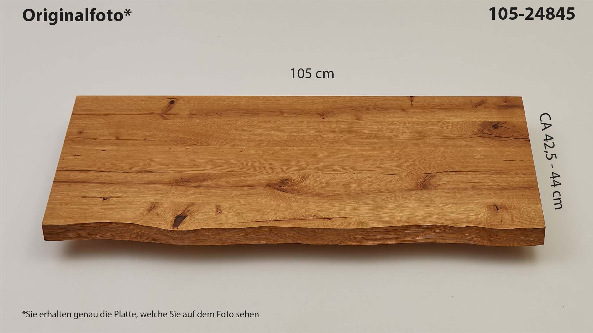 Eichenholz-Tischplatte Nummer 105-24845, Länge 105 cm cm, Breite ca. 42.5 cm–44 cm, mit gebürsteter Baumkante, geschliffen, 2 Schichten italienisches Öl, Äste und Risse mit Epoxidharz