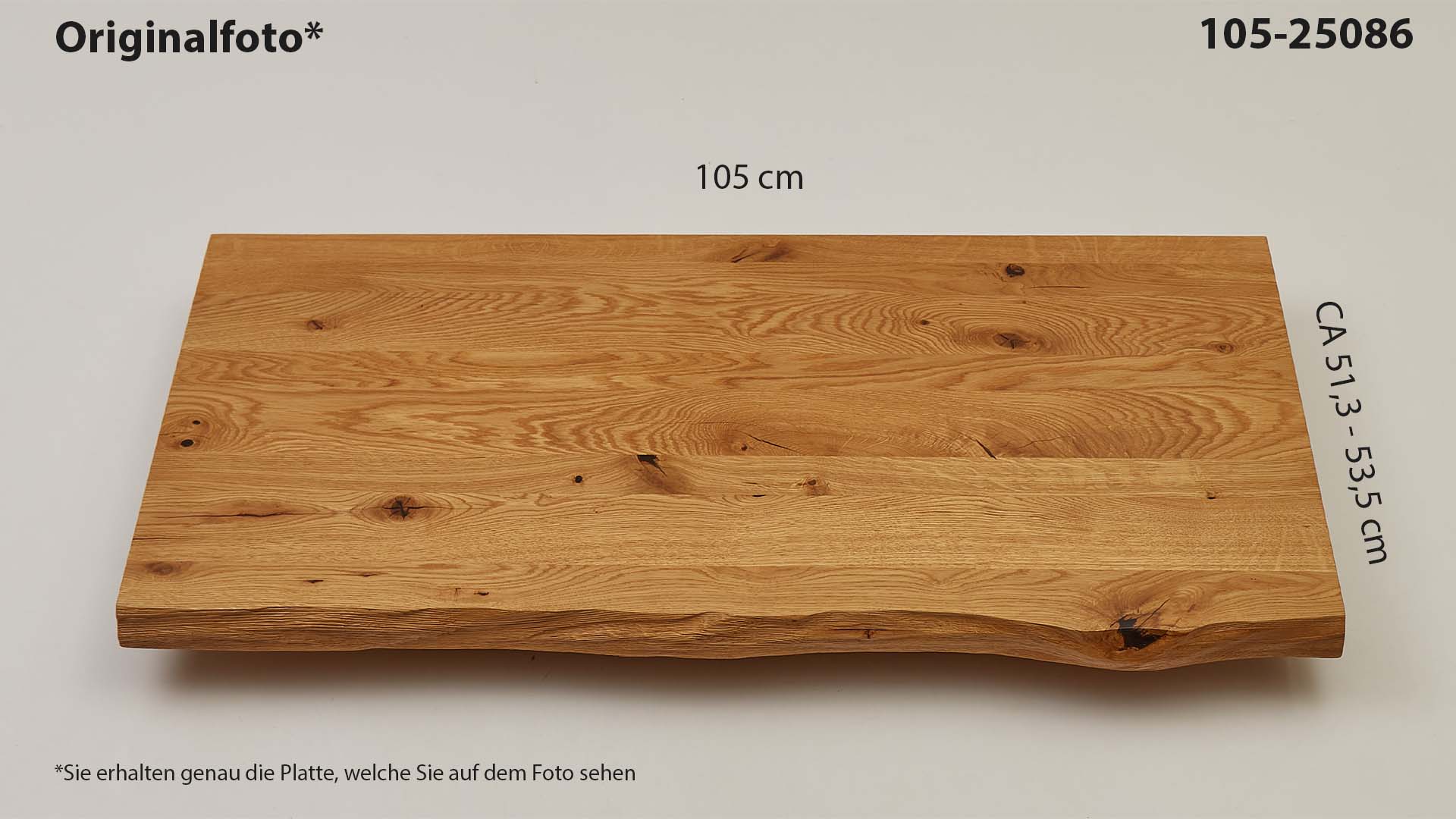 Eichenholz-Tischplatte Nummer 105-25086, Länge 105 cm cm, Breite ca. 51.3 cm–53.5 cm, mit gebürsteter Baumkante, geschliffen, 2 Schichten italienisches Öl, Äste und Risse mit Epoxidharz