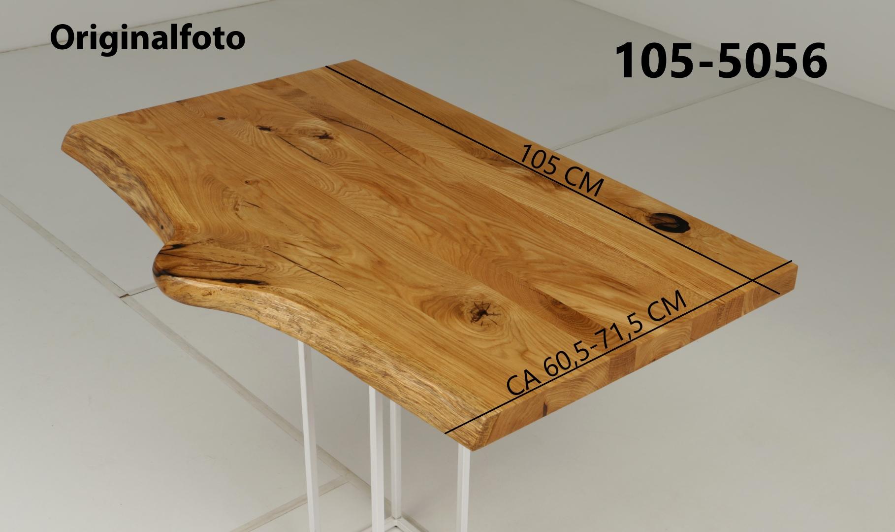 Eichenholz-Tischplatte Nummer 105-5056, Länge 105 cm cm, Breite ca. 60.5 cm–71.5 cm, mit gebürsteter Baumkante, geschliffen, 2 Schichten italienisches Öl, Äste und Risse mit Epoxidharz