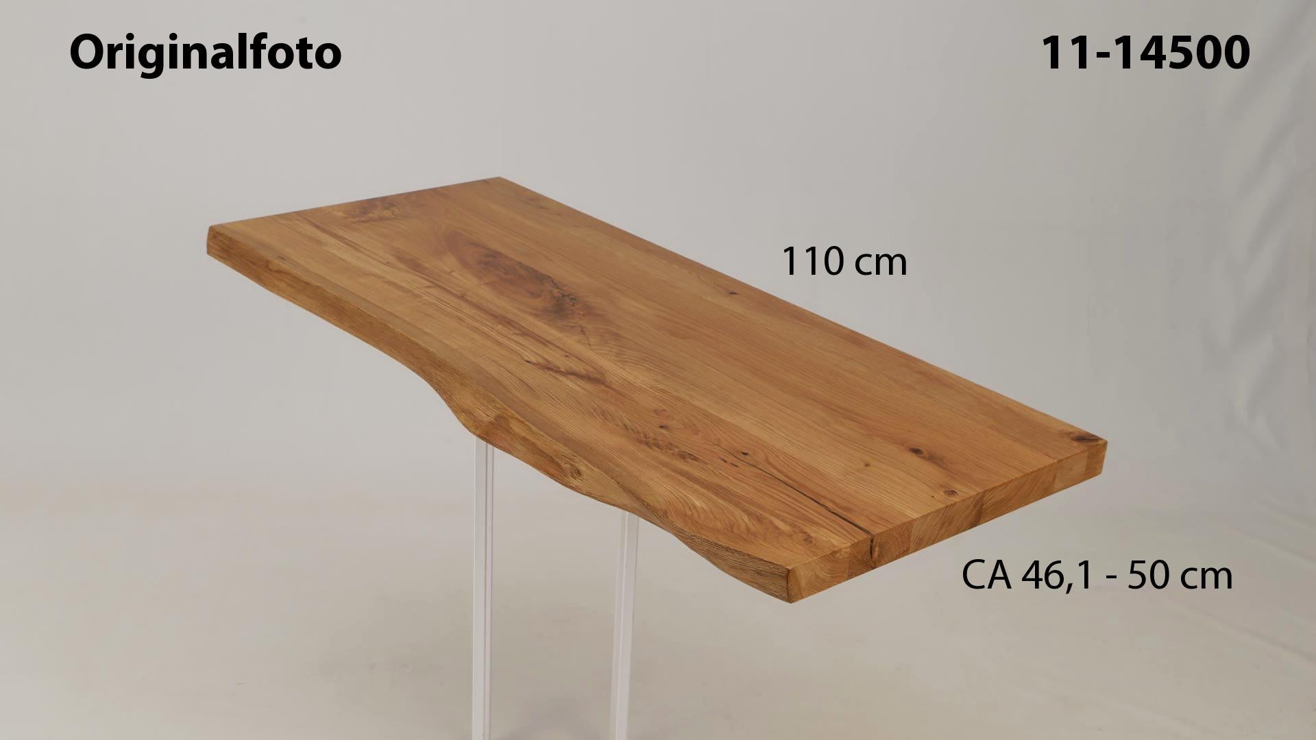 Eichenholz-Tischplatte Nummer 11-14500, Länge 110 cm cm, Breite ca. 46.1 cm–50 cm, mit gebürsteter Baumkante, geschliffen, 2 Schichten italienisches Öl, Äste und Risse mit Epoxidharz