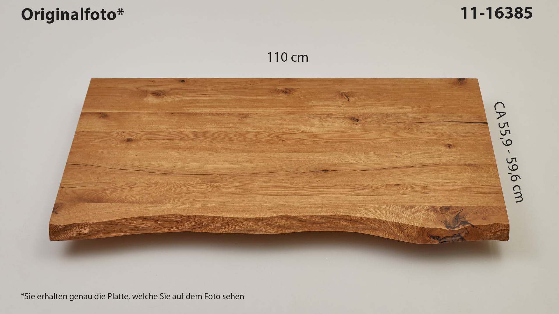 Eichenholz-Tischplatte Nummer 11-16385, Länge 110 cm cm, Breite ca. 49.8 cm–56.7 cm, mit gebürsteter Baumkante, geschliffen, 2 Schichten italienisches Öl, Äste und Risse mit Epoxidharz
