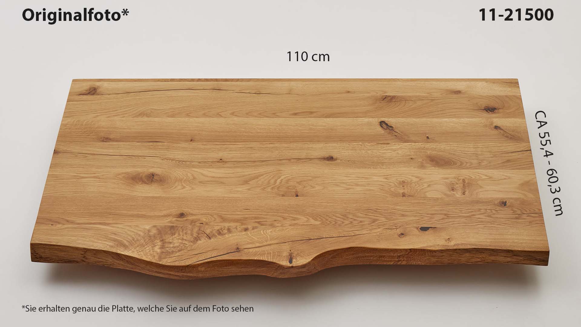Eichenholz-Tischplatte Nummer 11-21500, Länge 110 cm cm, Breite ca. 55.4 cm–60.3 cm, mit gebürsteter Baumkante, geschliffen, 2 Schichten italienisches Öl, Äste und Risse mit Epoxidharz