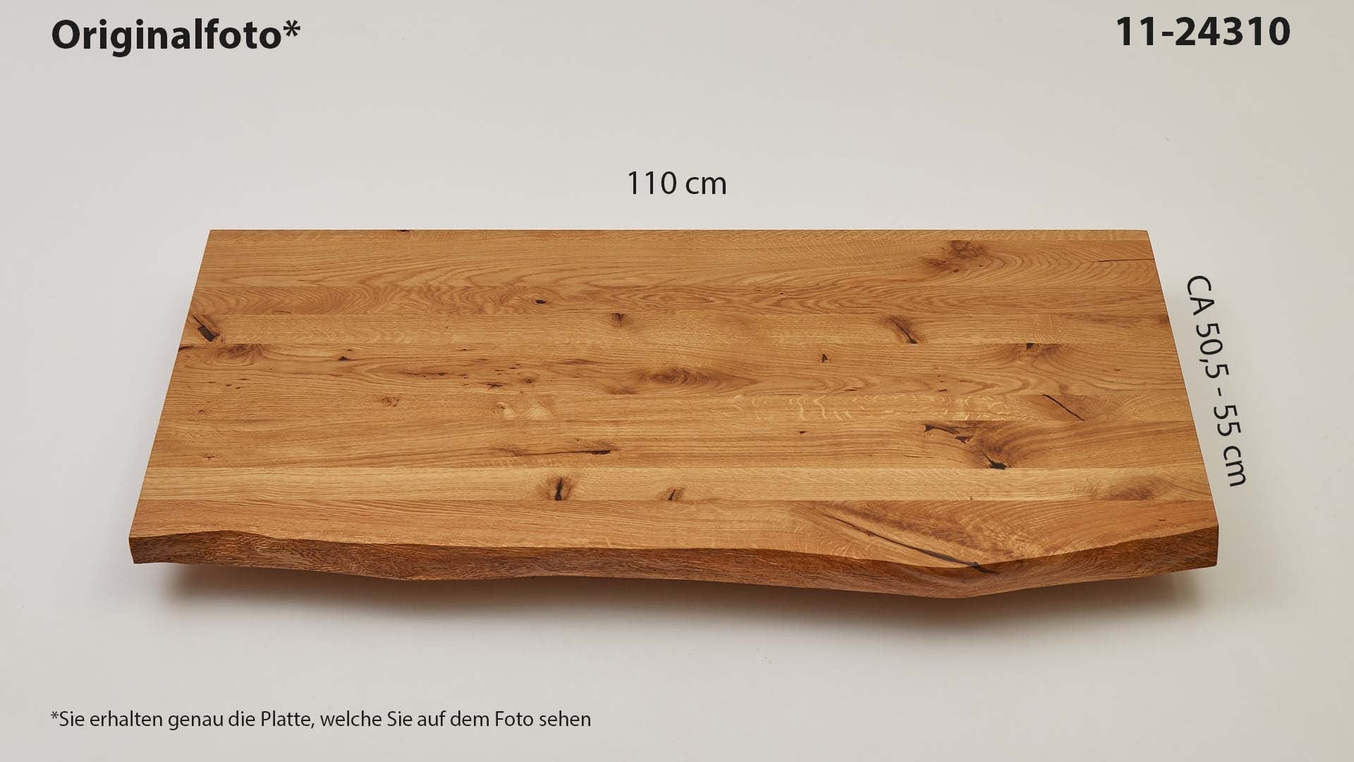 Eichenholz-Tischplatte Nummer 11-24310, Länge 110 cm cm, Breite ca. 50.5 cm–55 cm, mit gebürsteter Baumkante, geschliffen, 2 Schichten italienisches Öl, Äste und Risse mit Epoxidharz