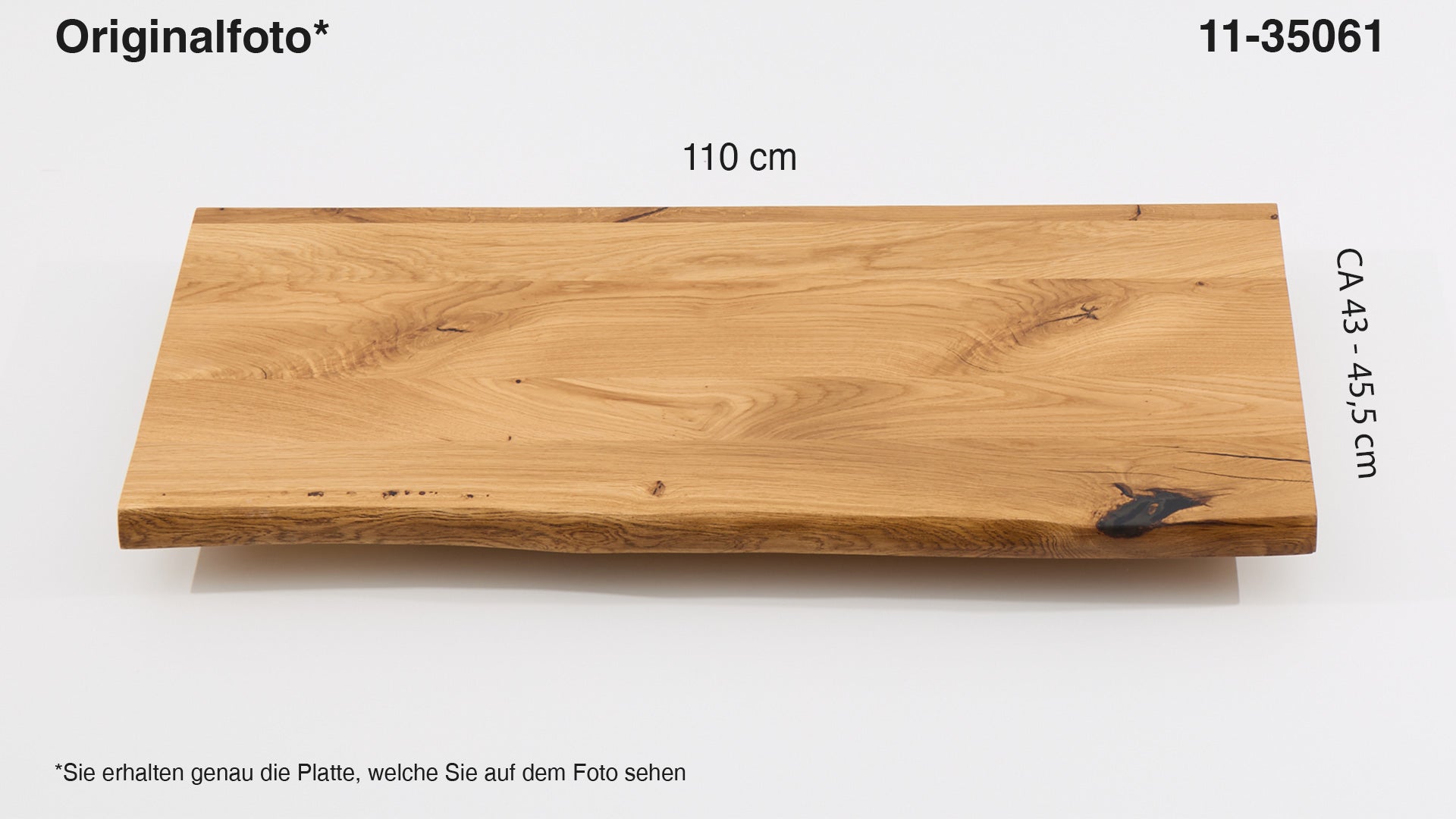 Eichenholz-Tischplatte Nummer 11-35061, Länge 110 cm cm, Breite ca. 43 cm–45.5 cm, mit gebürsteter Baumkante, geschliffen, 2 Schichten italienisches Öl, Äste und Risse mit Epoxidharz