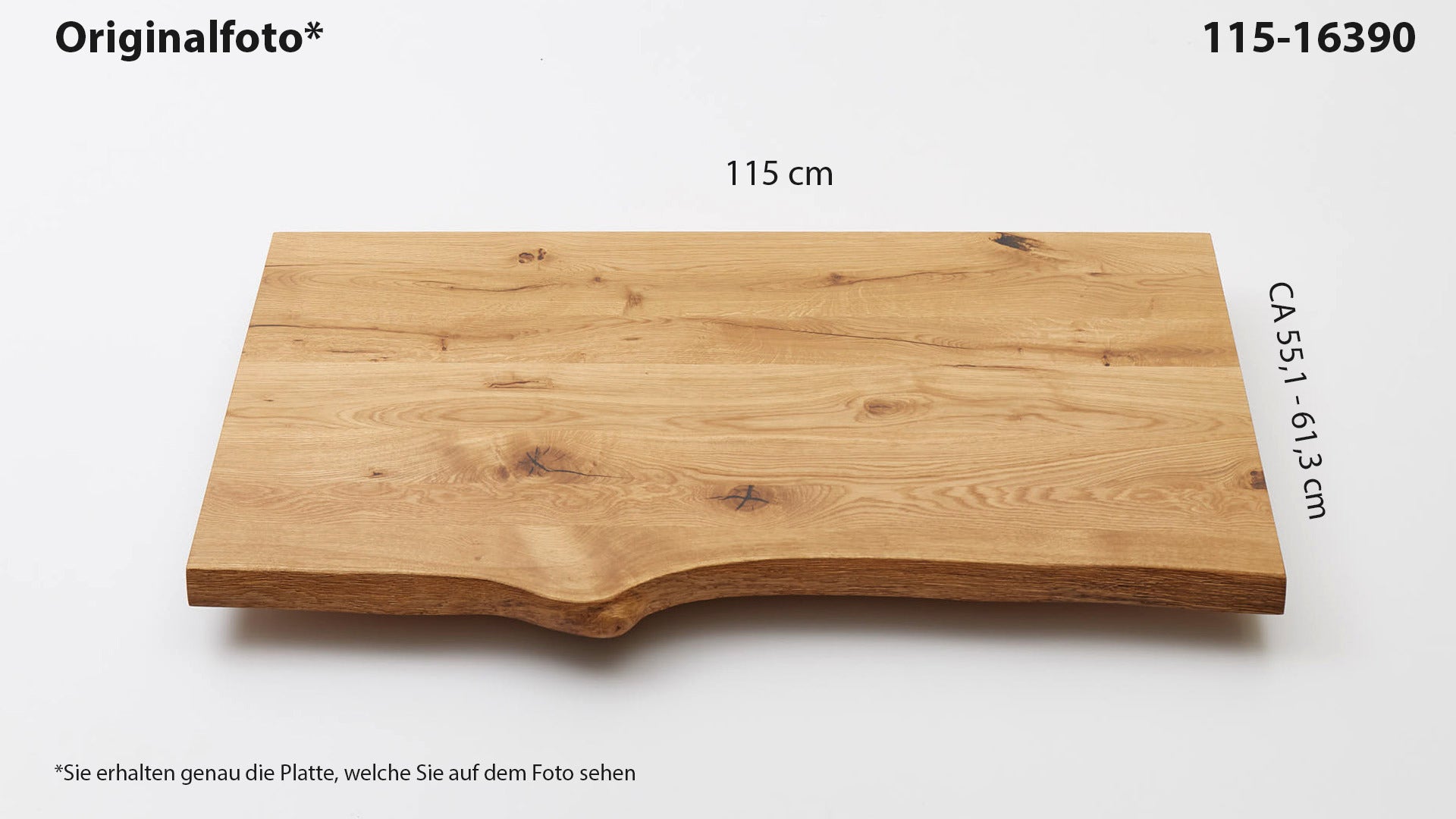 Eichenholz-Tischplatte Nummer 115-16390, Länge 115 cm cm, Breite ca. 55.1 cm–61.3 cm, mit gebürsteter Baumkante, geschliffen, 2 Schichten italienisches Öl, Äste und Risse mit Epoxidharz