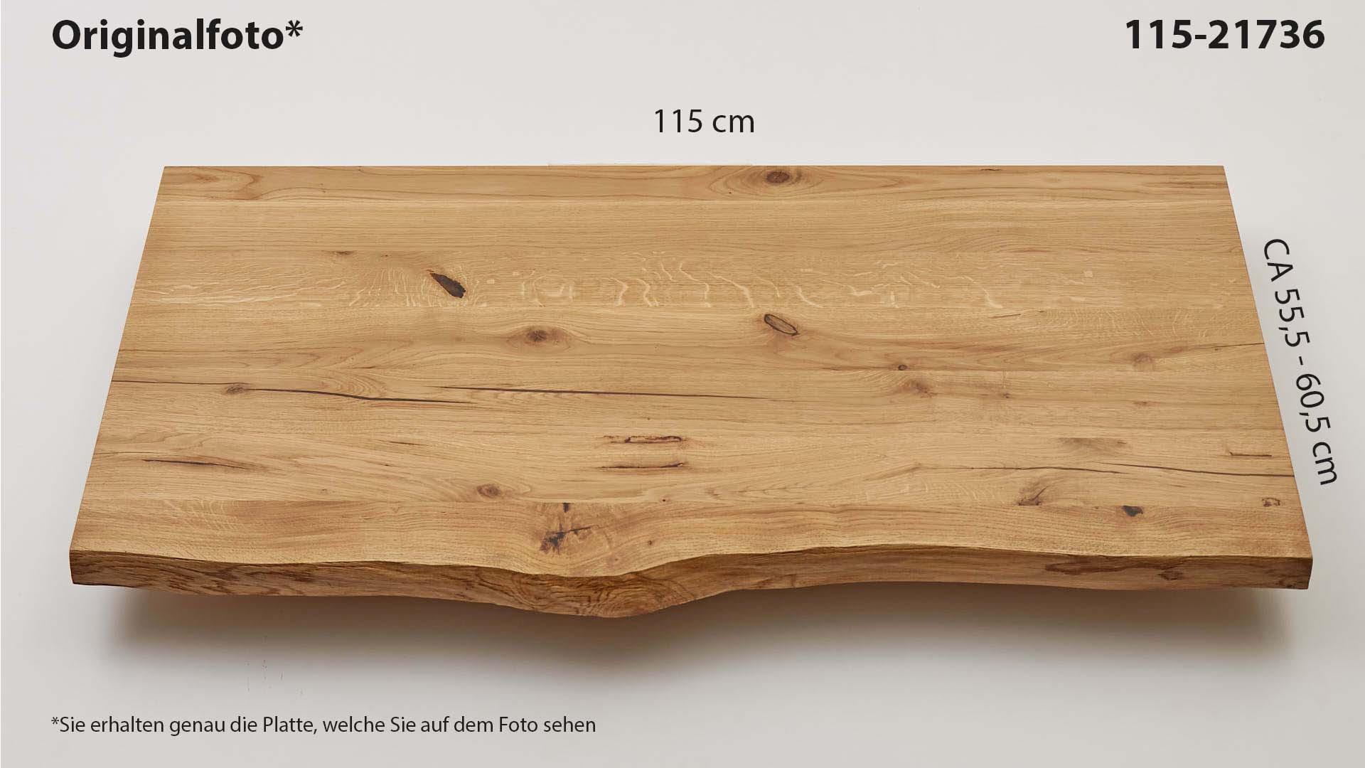 Eichenholz-Tischplatte Nummer 115-21736, Länge 115 cm cm, Breite ca. 55.5 cm–60.5 cm, mit gebürsteter Baumkante, geschliffen, 2 Schichten italienisches Öl, Äste und Risse mit Epoxidharz