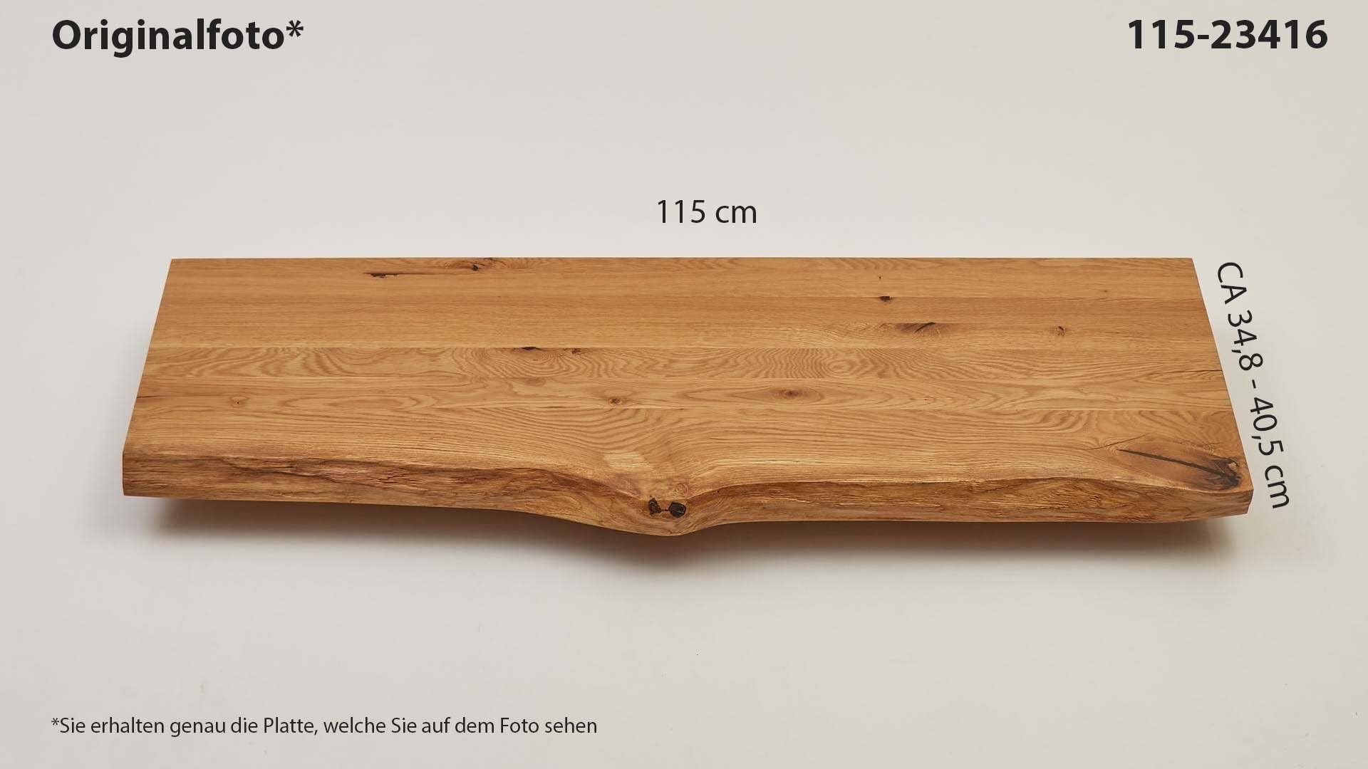 Eichenholz-Tischplatte Nummer 115-23416, Länge 115 cm cm, Breite ca. 34.8 cm–40.5 cm, mit gebürsteter Baumkante, geschliffen, 2 Schichten italienisches Öl, Äste und Risse mit Epoxidharz