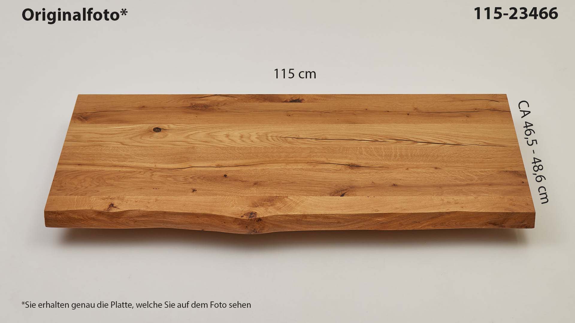 Eichenholz-Tischplatte Nummer 115-23466, Länge 115 cm cm, Breite ca. 46.5 cm–48.6 cm, mit gebürsteter Baumkante, geschliffen, 2 Schichten italienisches Öl, Äste und Risse mit Epoxidharz
