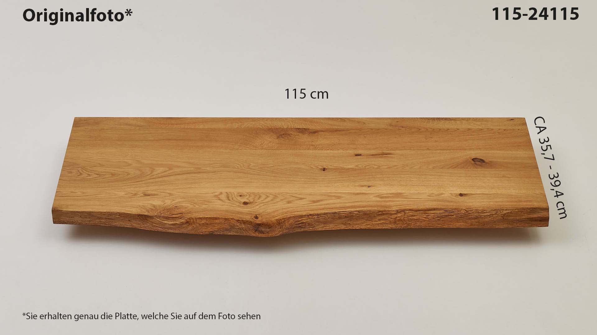 Eichenholz-Tischplatte Nummer 115-24115, Länge 115 cm cm, Breite ca. 35.7 cm–39.4 cm, mit gebürsteter Baumkante, geschliffen, 2 Schichten italienisches Öl, Äste und Risse mit Epoxidharz