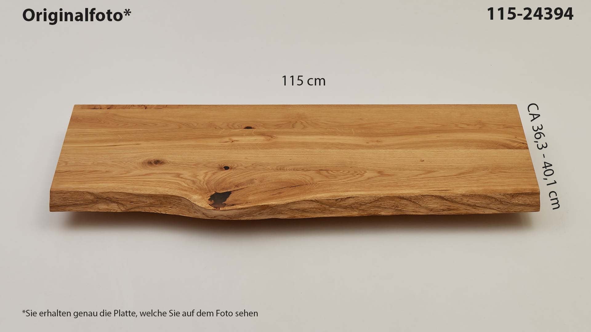 Eichenholz-Tischplatte Nummer 115-24394, Länge 115 cm cm, Breite ca. 36.3 cm–40.1 cm, mit gebürsteter Baumkante, geschliffen, 2 Schichten italienisches Öl, Äste und Risse mit Epoxidharz