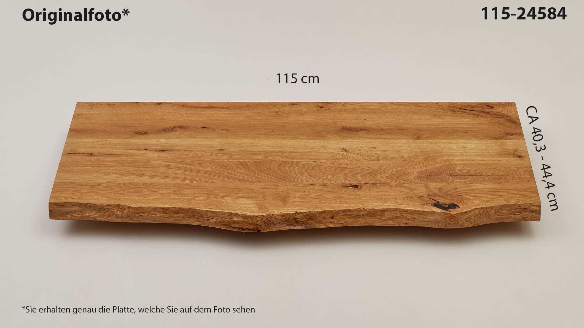Eichenholz-Tischplatte Nummer 115-24584, Länge 115 cm cm, Breite ca. 40.3 cm–44.4 cm, mit gebürsteter Baumkante, geschliffen, 2 Schichten italienisches Öl, Äste und Risse mit Epoxidharz