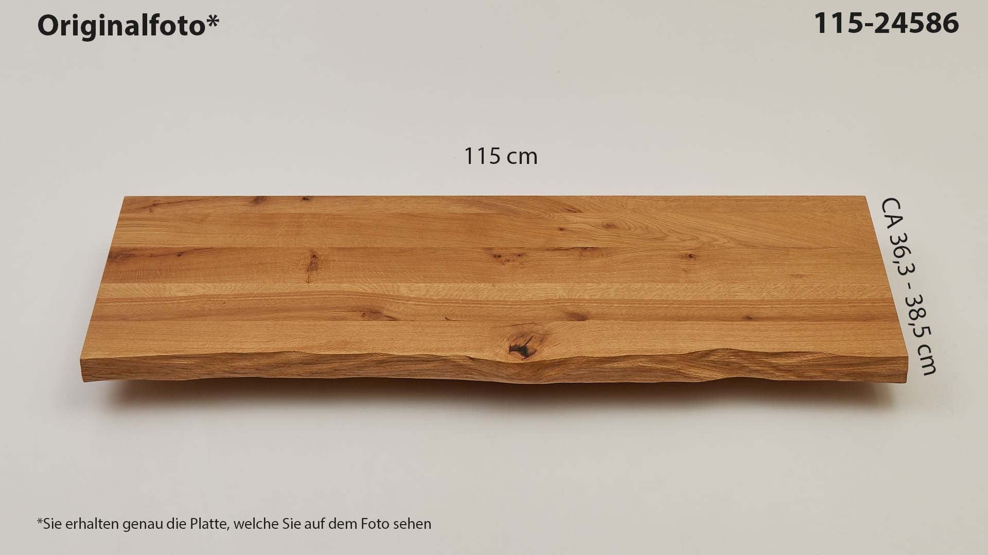 Eichenholz-Tischplatte Nummer 115-24586, Länge 115 cm cm, Breite ca. 36.3 cm–38.5 cm, mit gebürsteter Baumkante, geschliffen, 2 Schichten italienisches Öl, Äste und Risse mit Epoxidharz